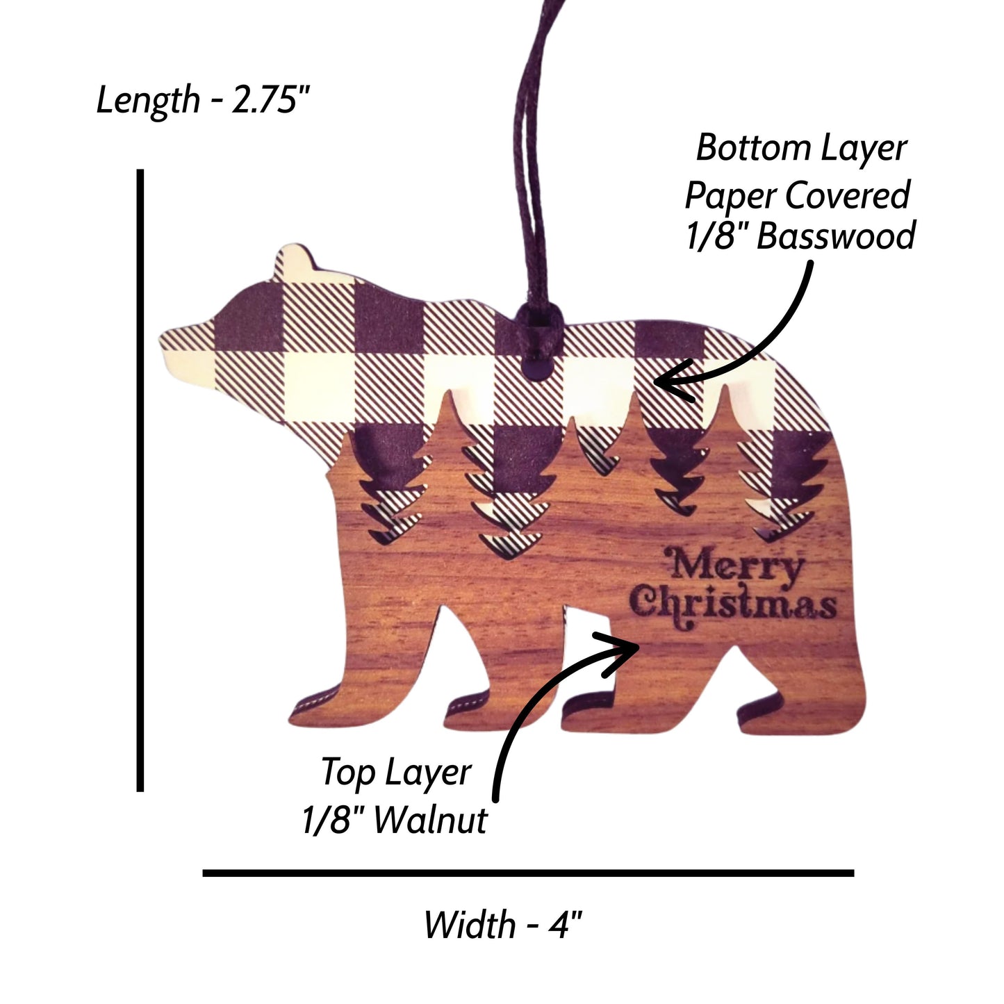 Bear Ornament - Black / White Buffalo Plaid Layered Wood