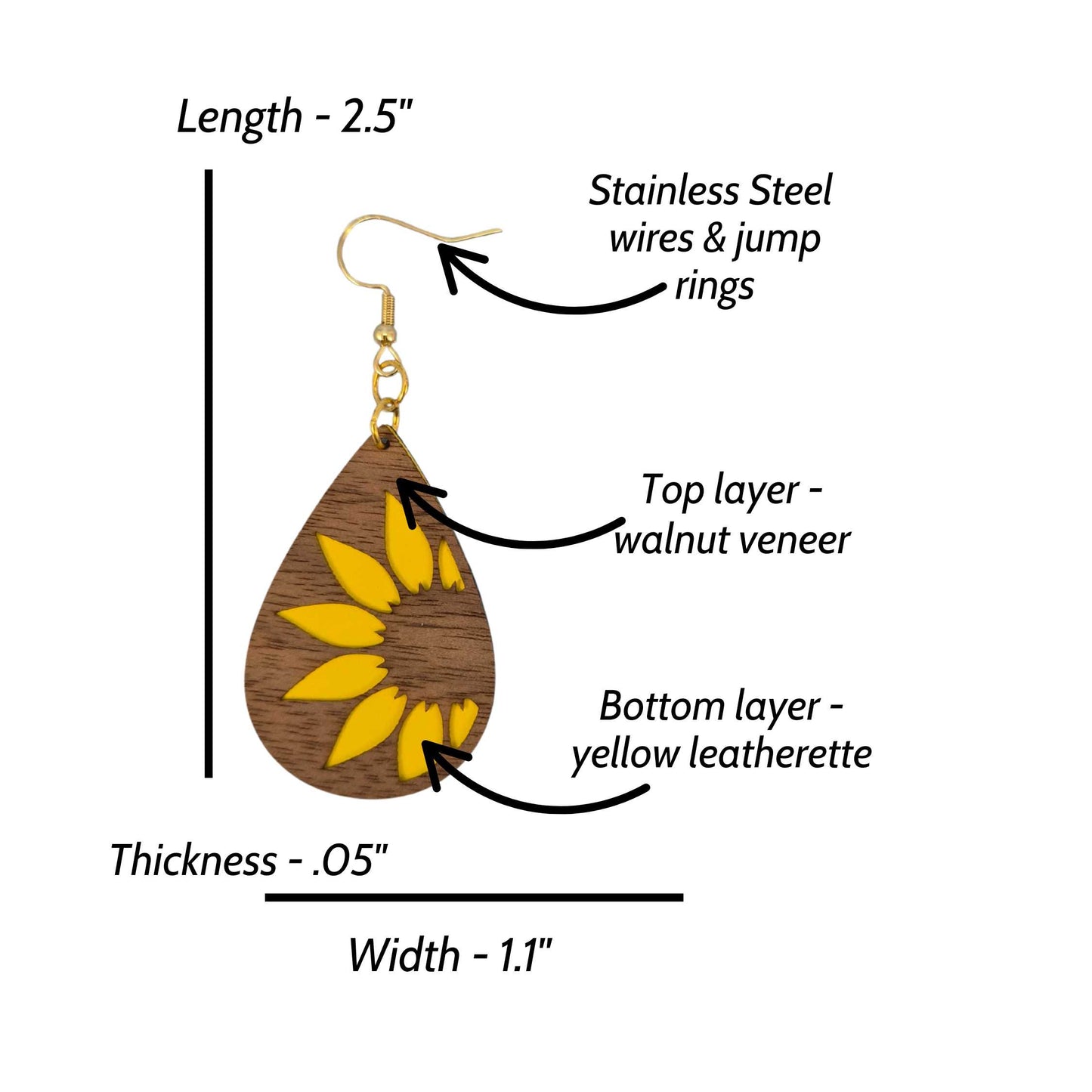 Sunflower Wood Veneer & Yellow Leatherette Dangle Earrings - Side View