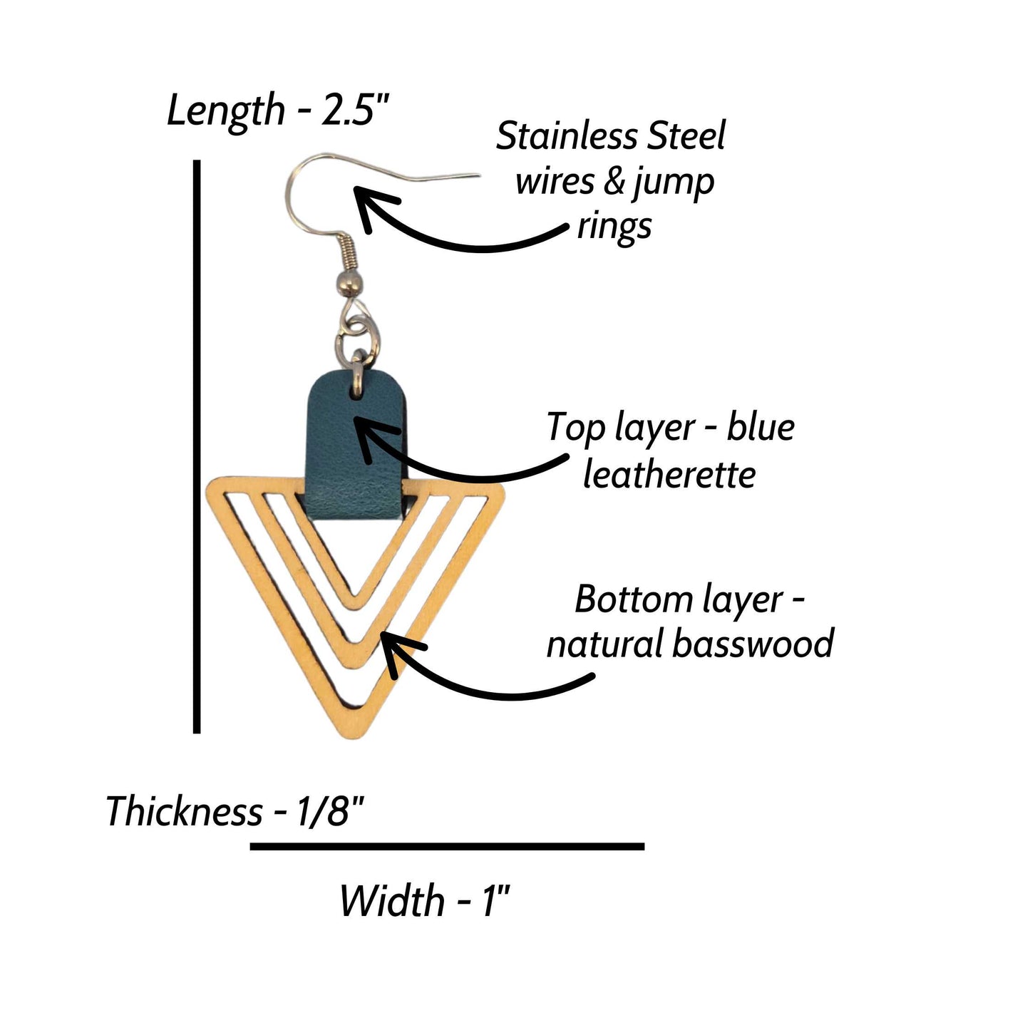 Light Wood Triangle and Blue Leatherette Dangle Earring