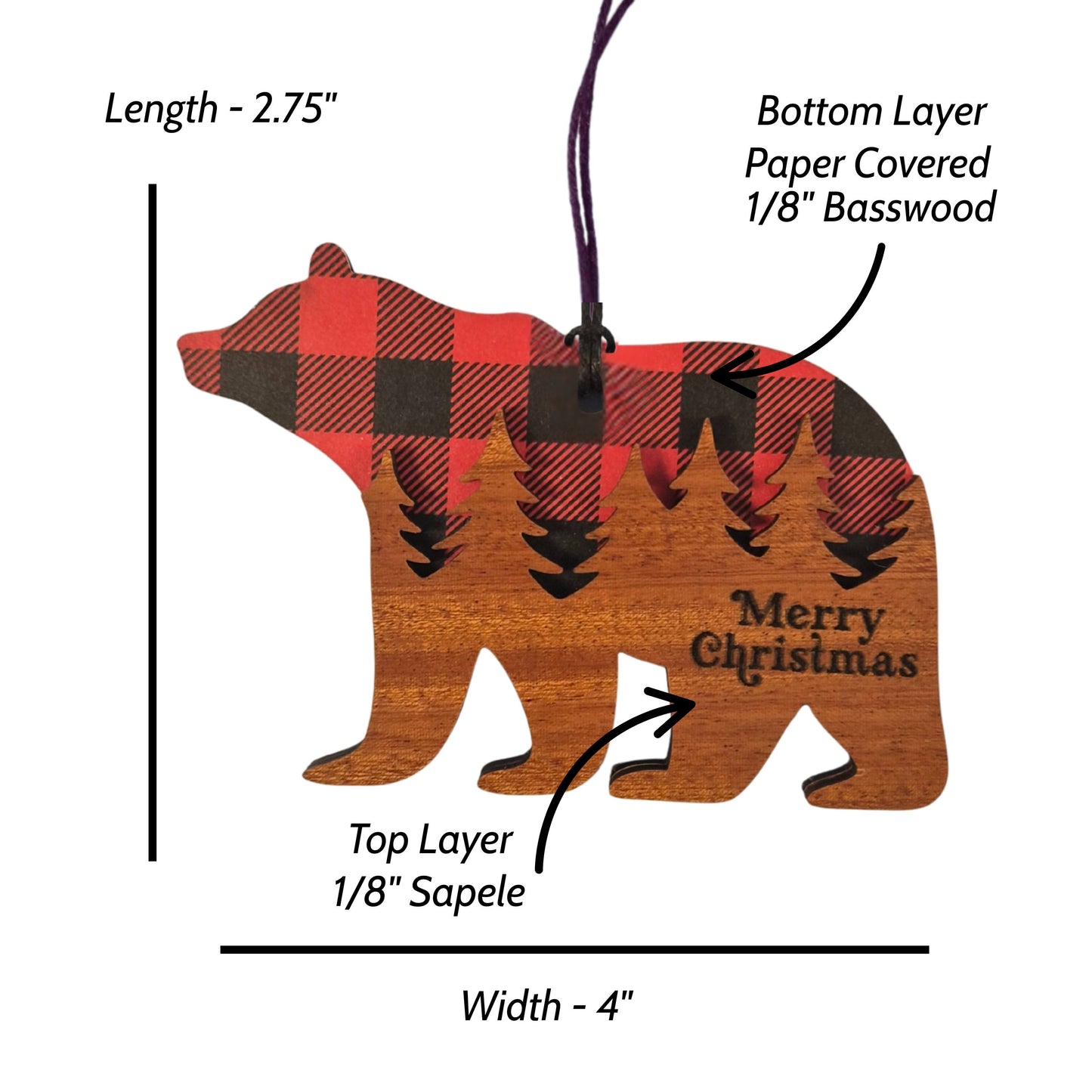 Bear Ornament - Black / Red Buffalo Plaid Layered Wood