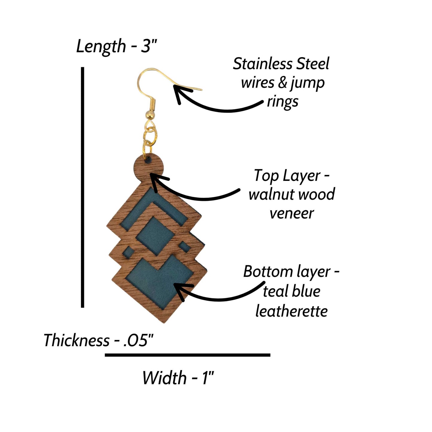 Geometric Walnut Wood Veneer & Blue Leatherette Earrings - 3 styles