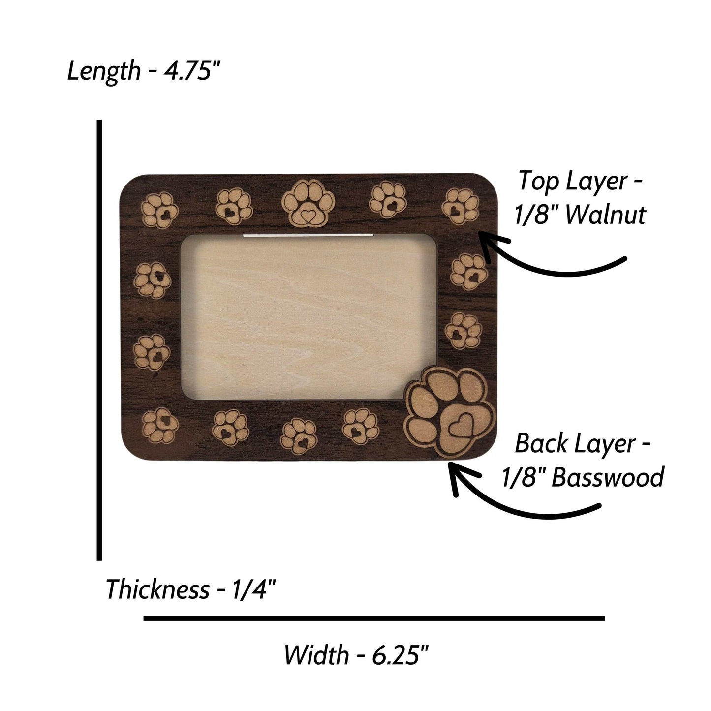 Layered Walnut Wood Picture Frame with Engraved Paw Prints