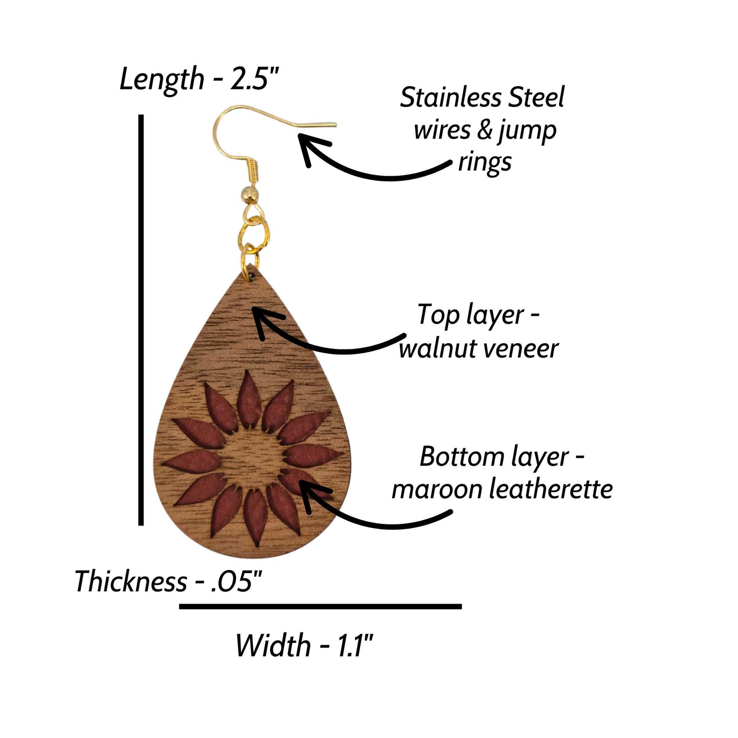 Sunflower Wood and Maroon Leatherette Dangle Earrings - Simple Front View