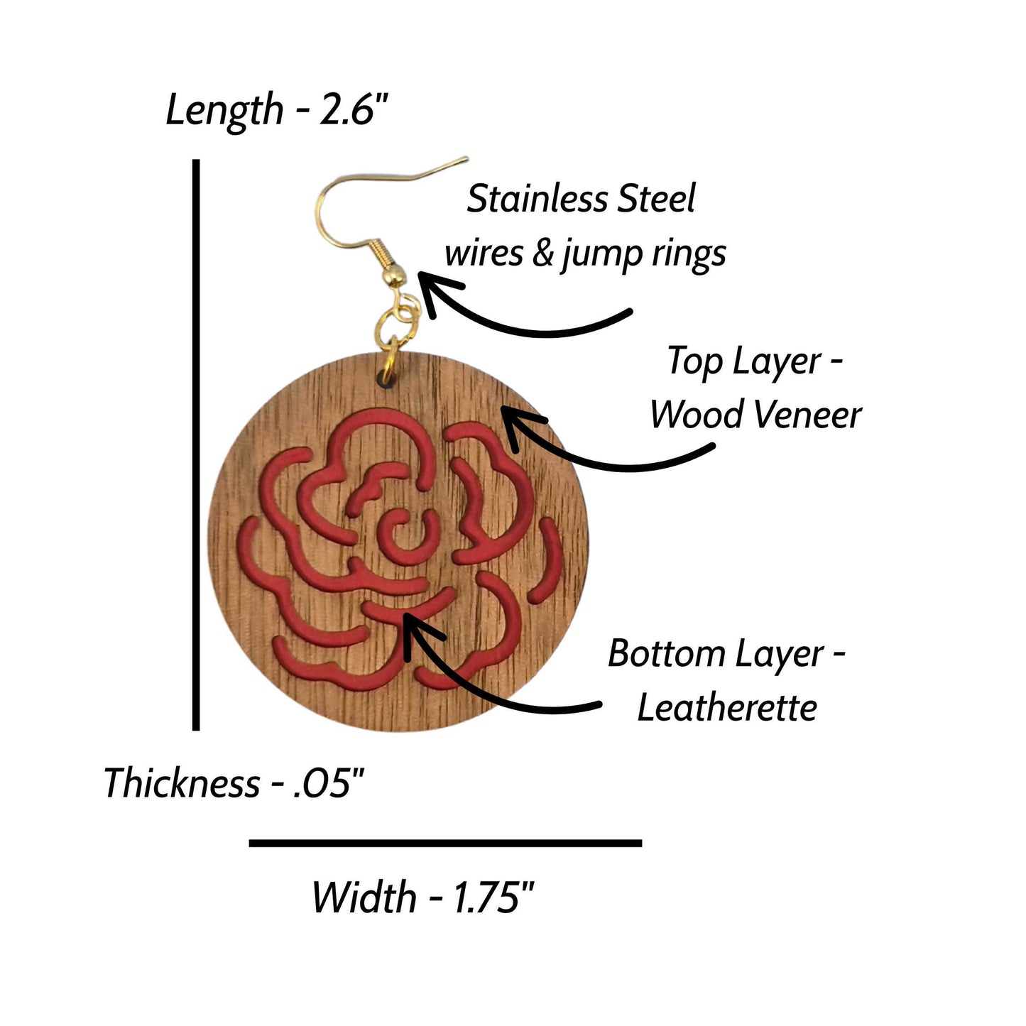 Minimalist Wood Veneer & Red Leatherette Round Earrings