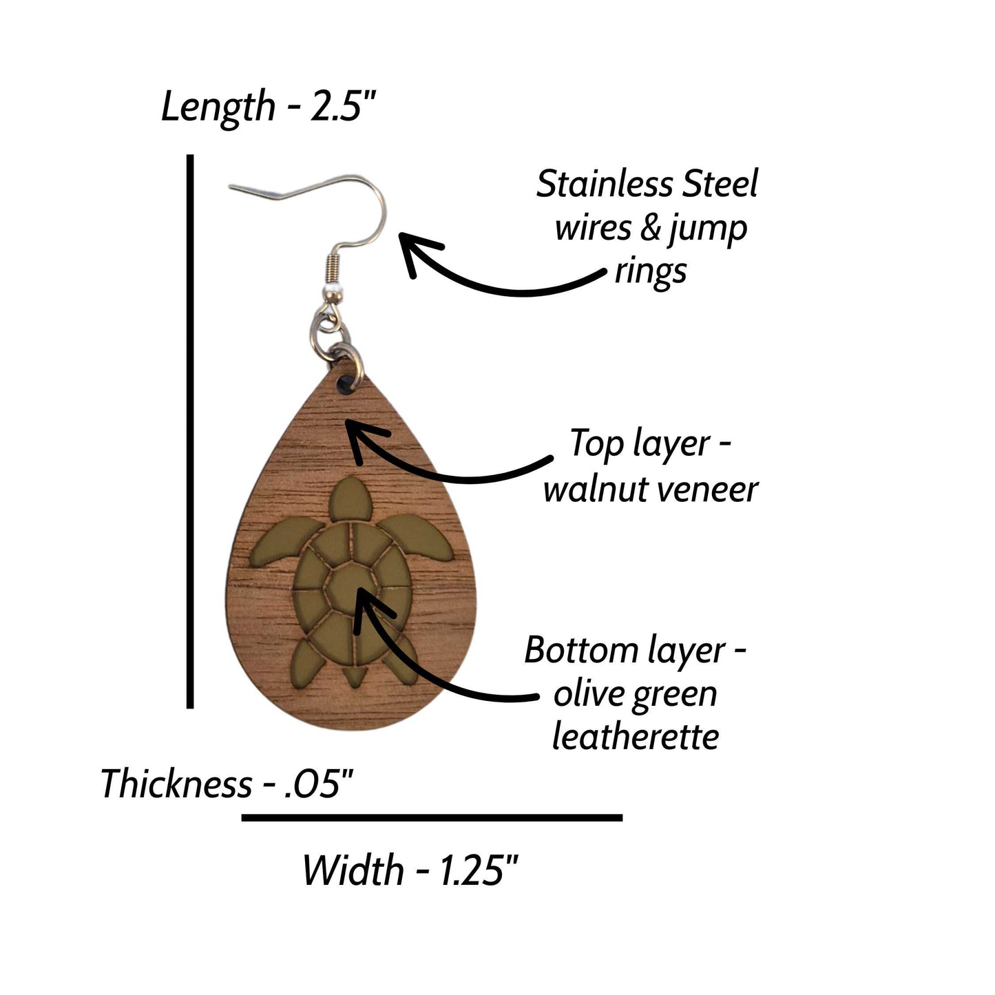Sea Turtle Top View Walnut Wood Veneer & Olive Green Leatherette Earrings