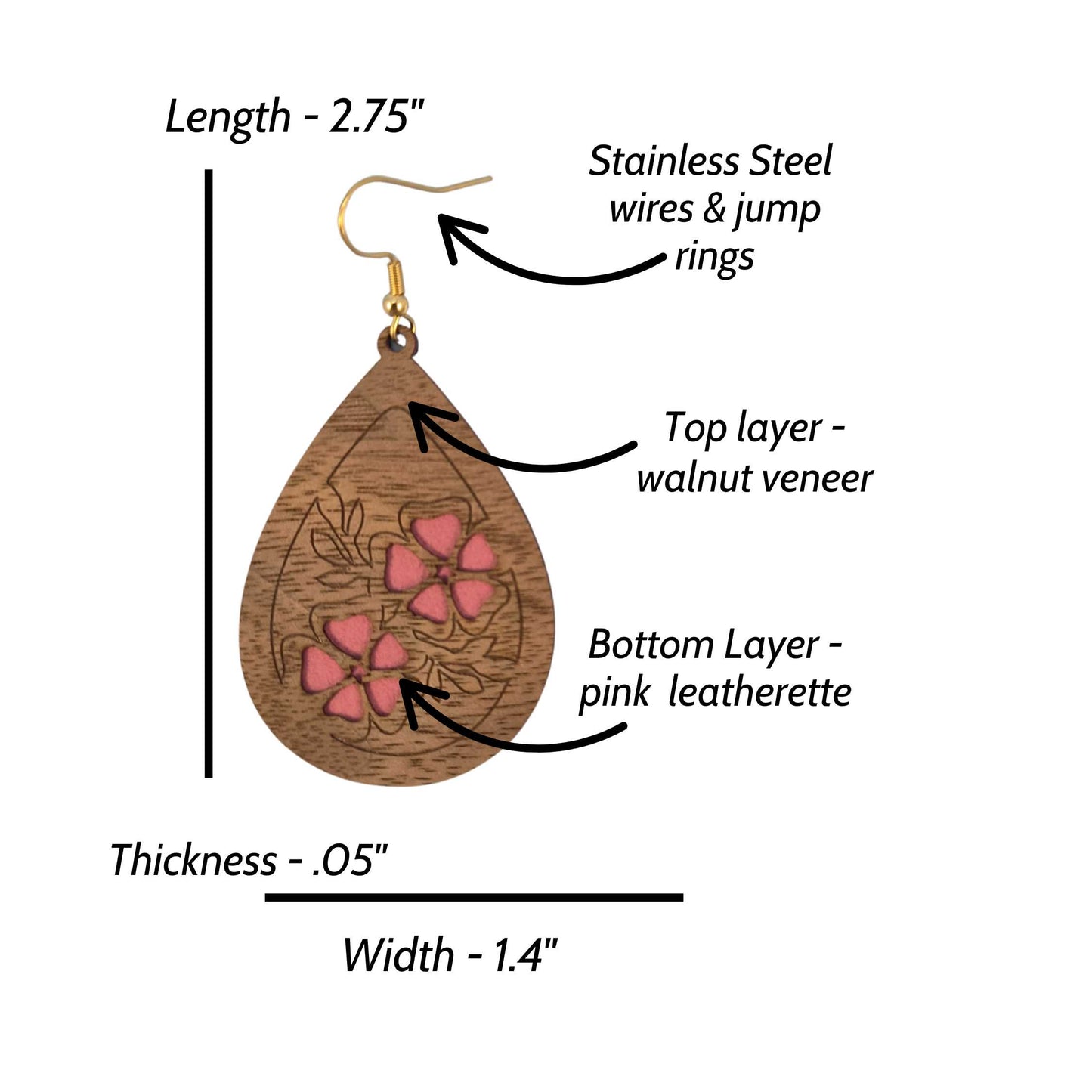 Engraved Wood Veneer & Pink Leatherette Floral Teardrop Earrings