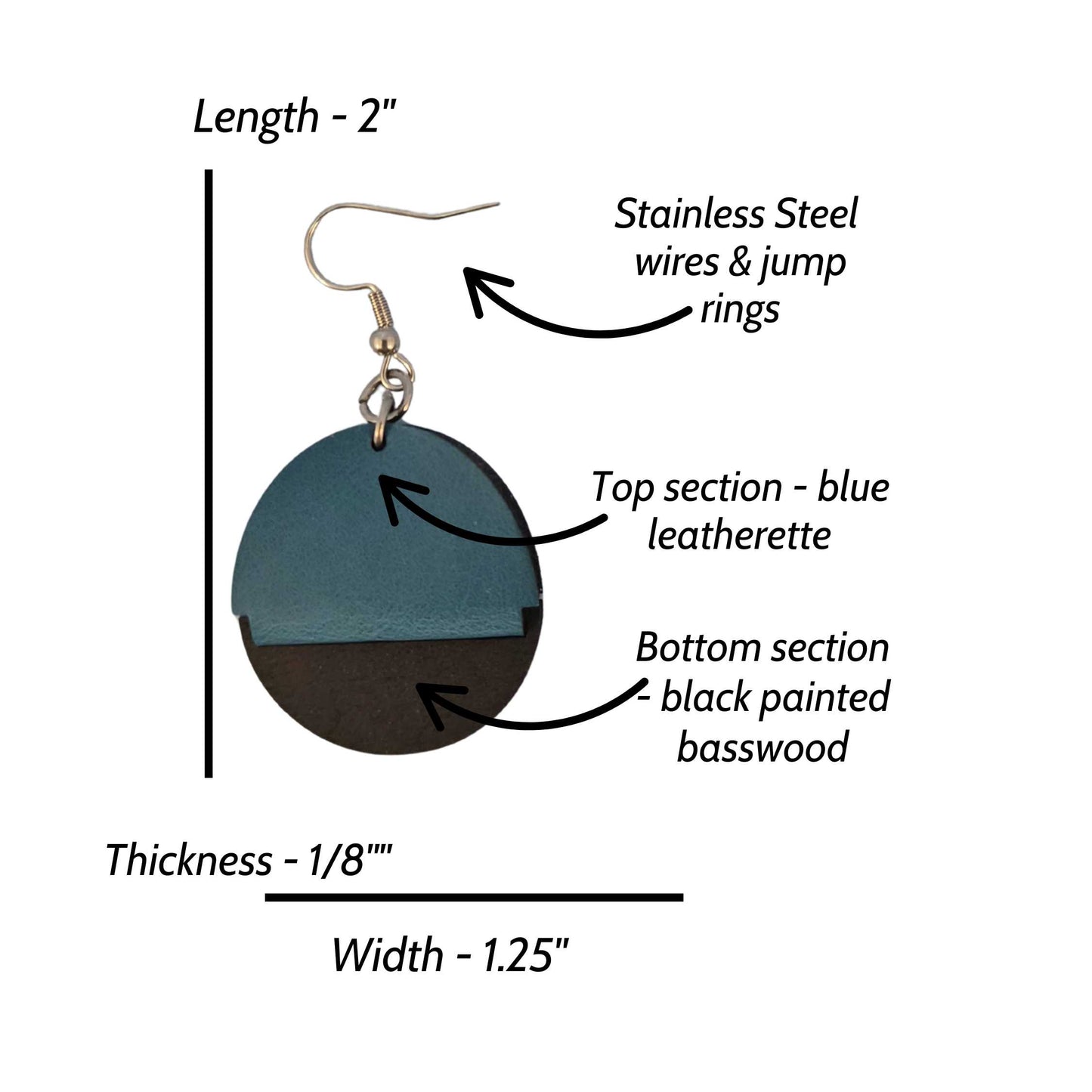 Round Solid Black Painted Wood and Blue Leatherette Dangle Earring