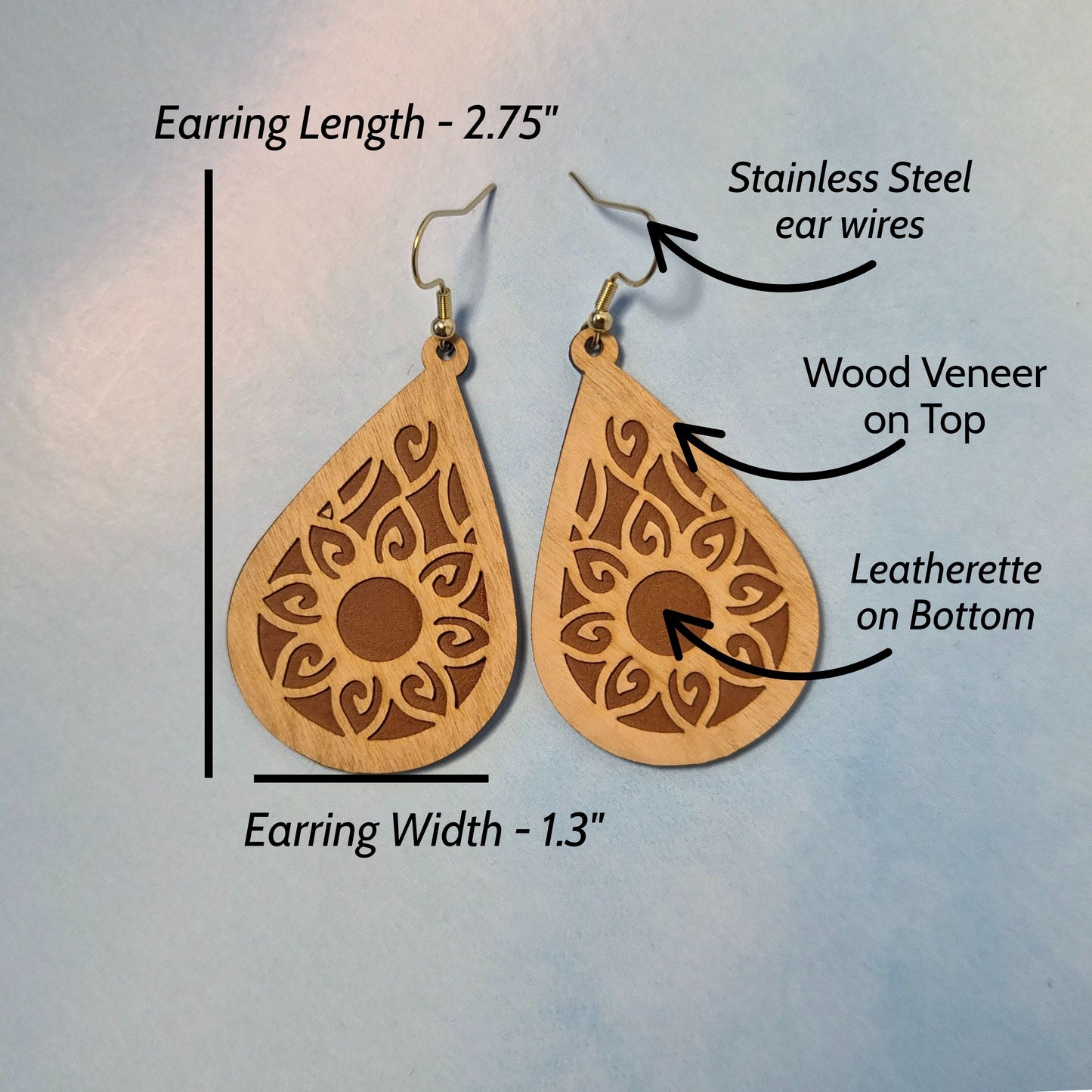 Mandala Light Wood Veneer (top) Brown Leatherette (bottom) Teardrop Earrings