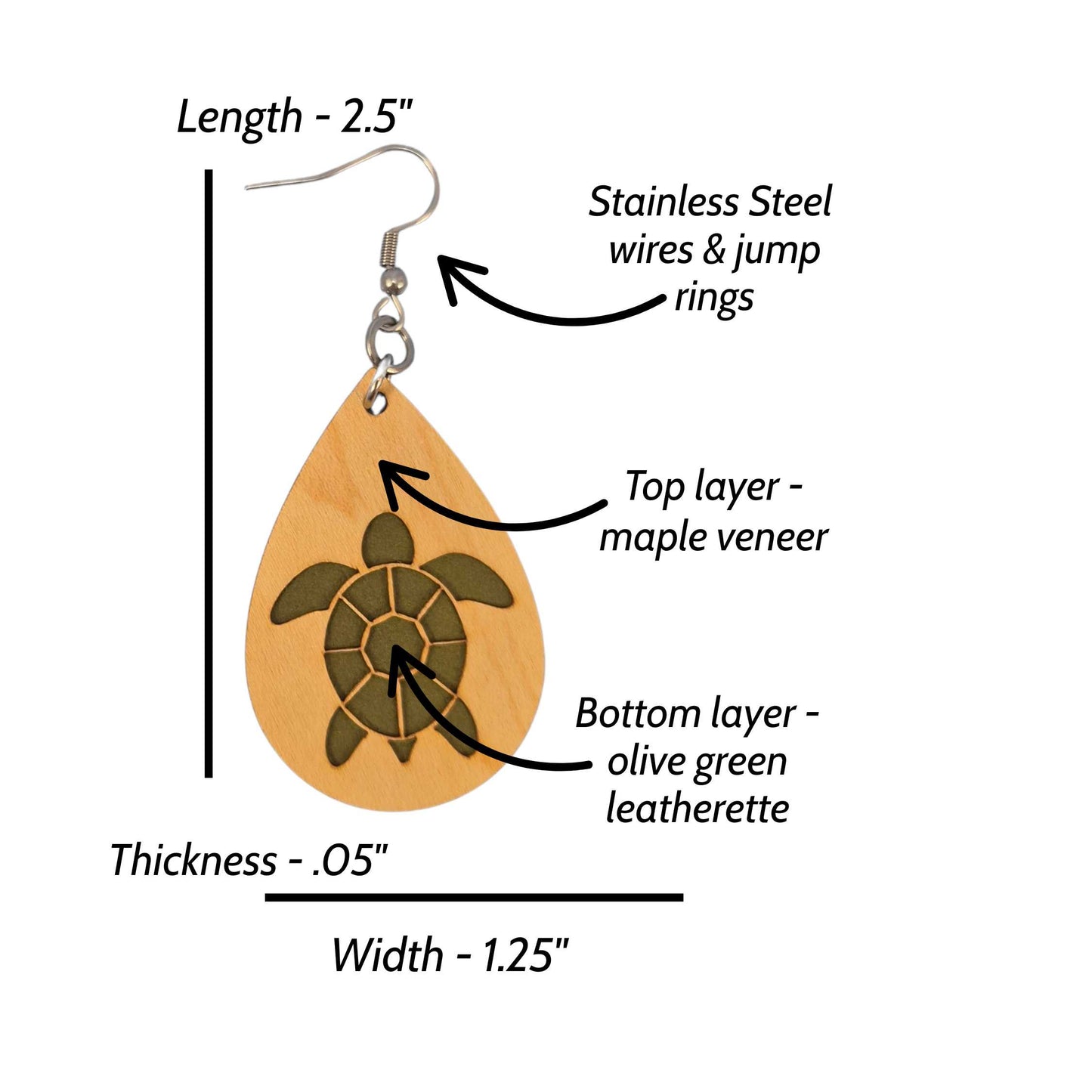 Sea Turtle Top View Maple Wood Veneer & Olive Green Leatherette Earrings