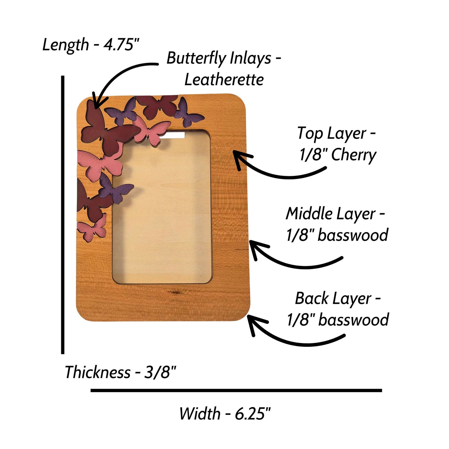 Layered Cherry Wood Picture Frame With Leatherette Butterflies Inlaid