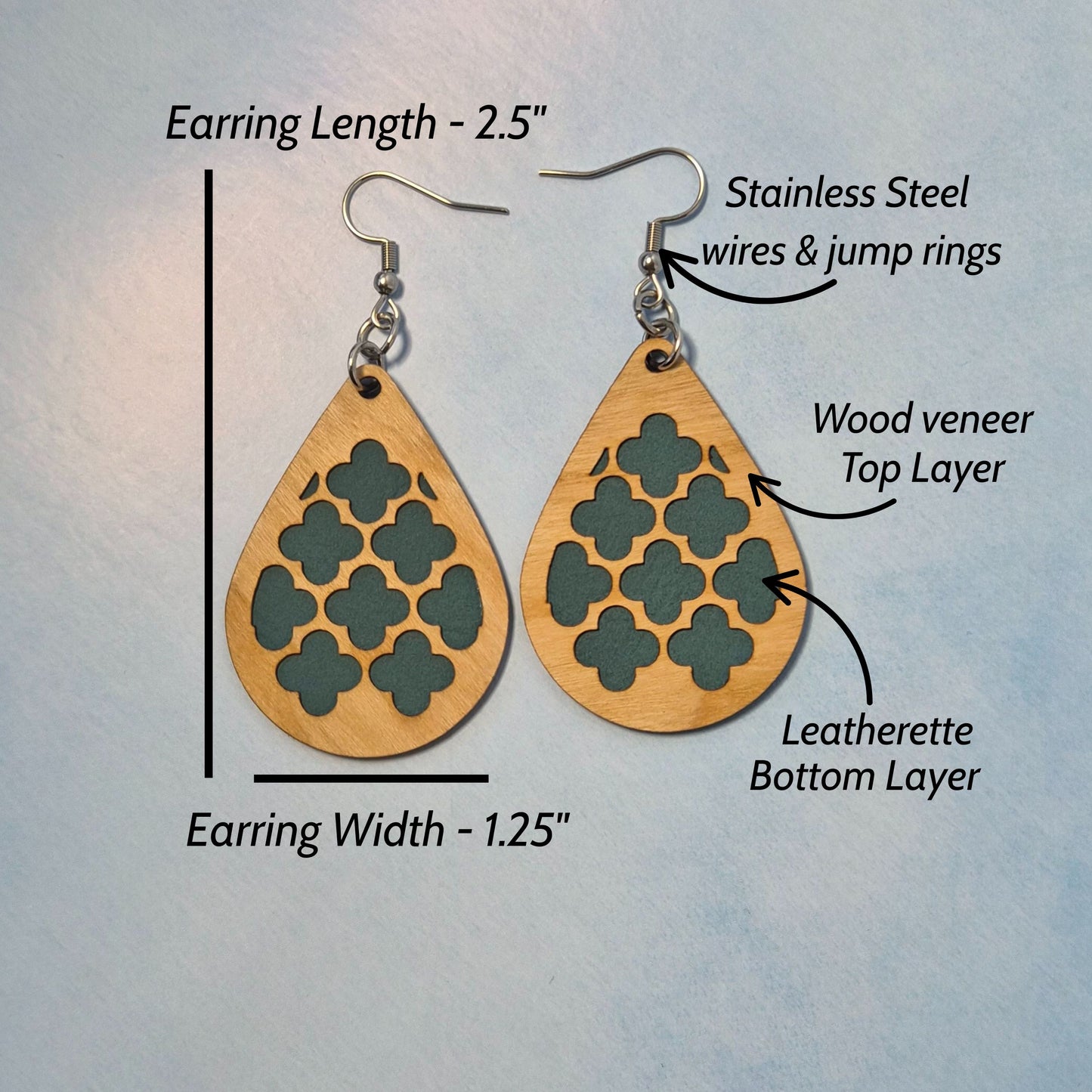 Geometric Wood Veneer & Blue Leatherette Earrings - Club Design