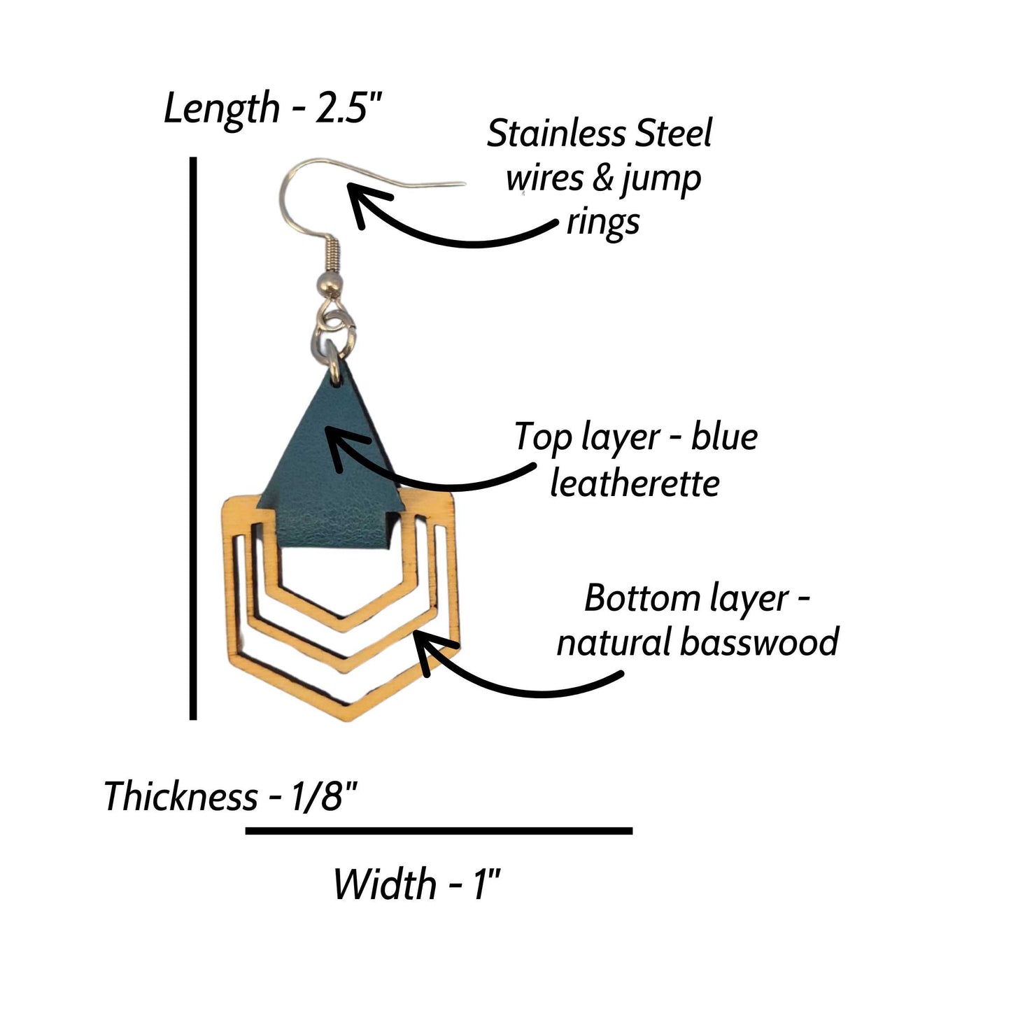 Light Wood Polygon and Blue Leatherette Dangle Earrings