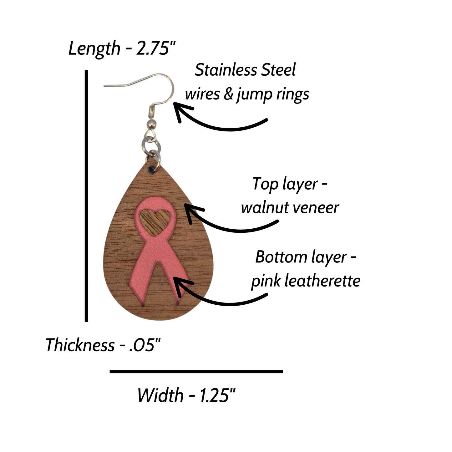 Breast Cancer Survivor Walnut Wood Veneer & Pink Leatherette Earrings