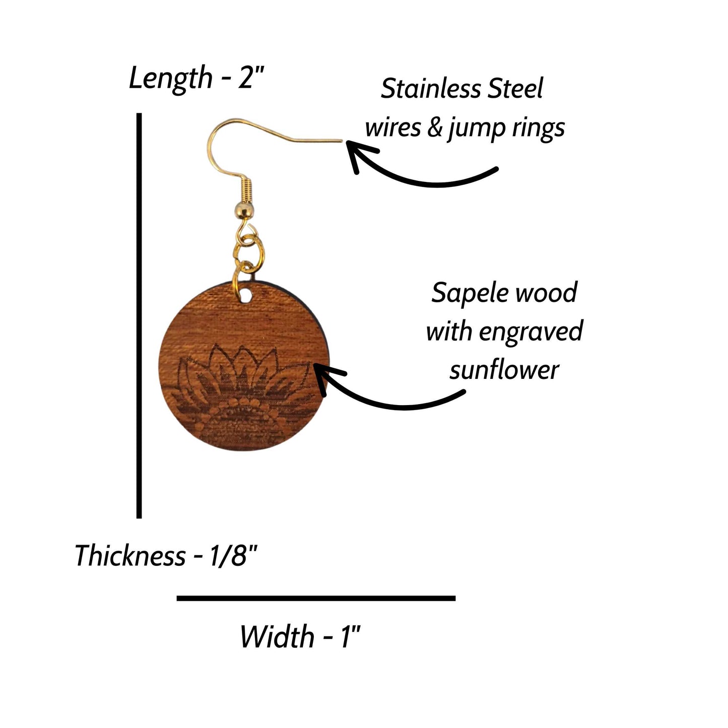 Small Round Sunflower Engraved Wood Earrings