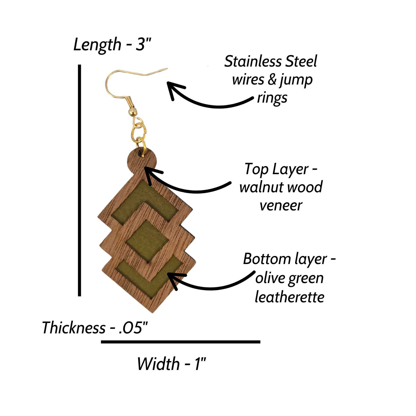 Geometric Wood Veneer & Olive Green Leatherette Earrings