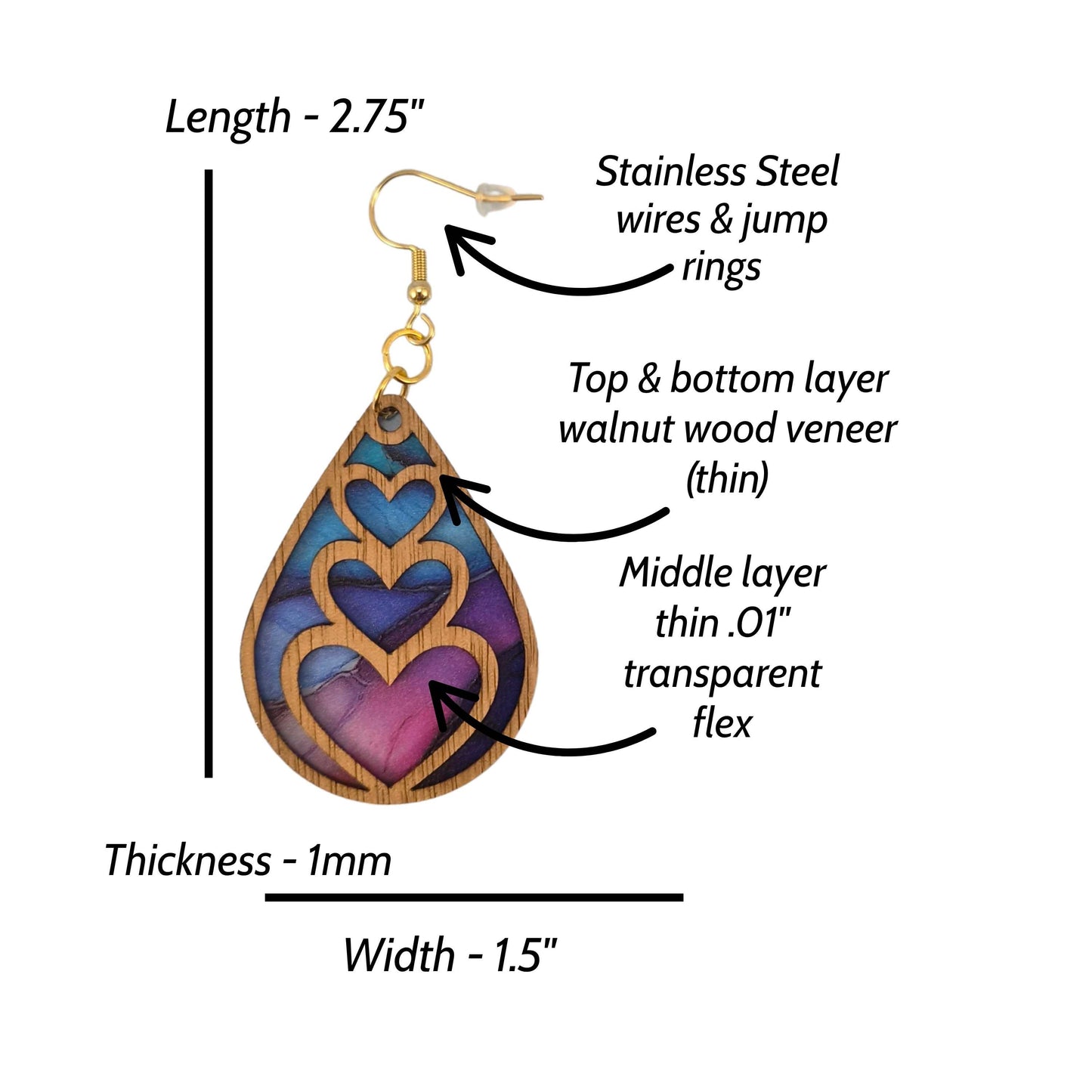 Triple Heart Wood Veneer and Flex Teardrop Earring