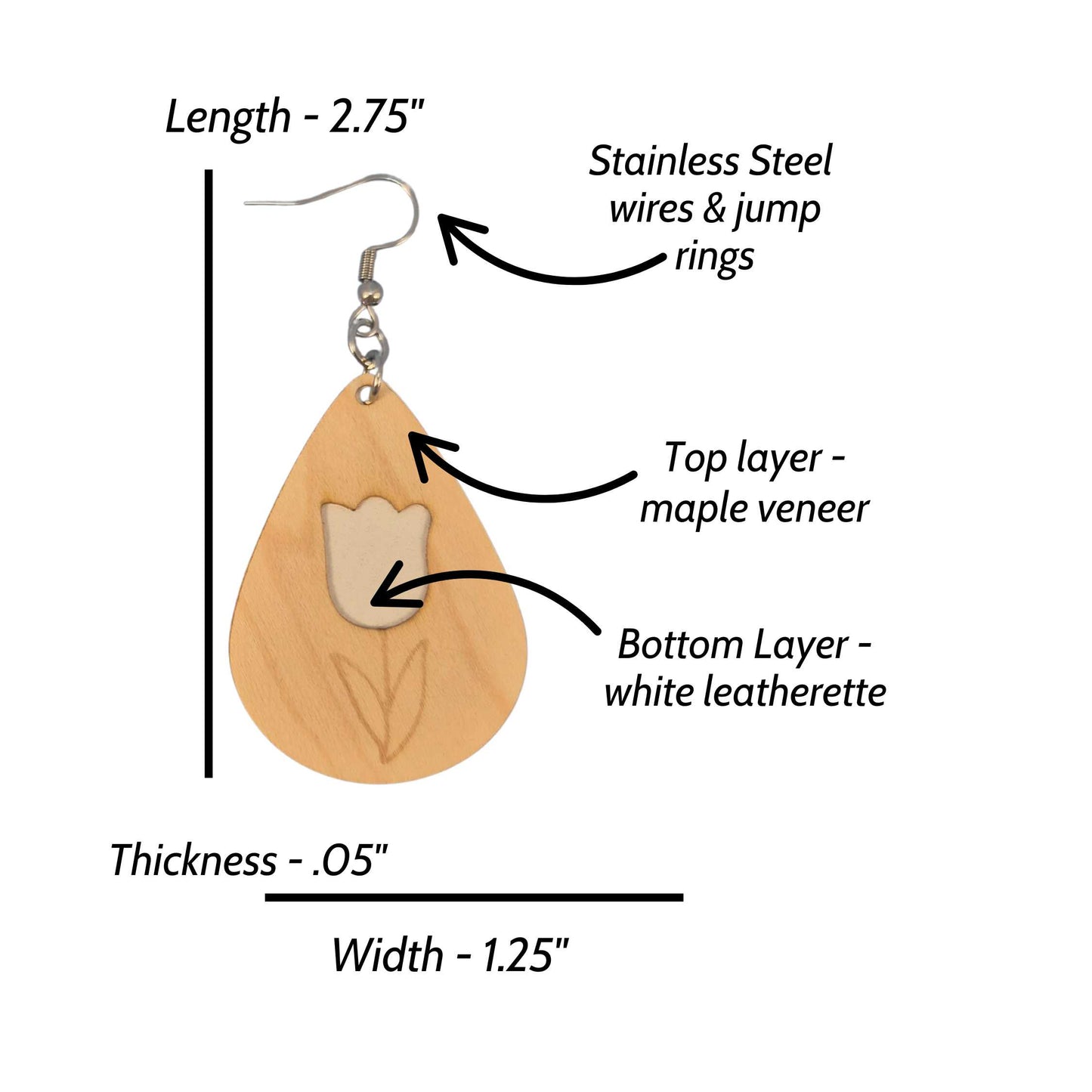 Tulip Flower Maple Wood Veneer & White Leatherette Earrings