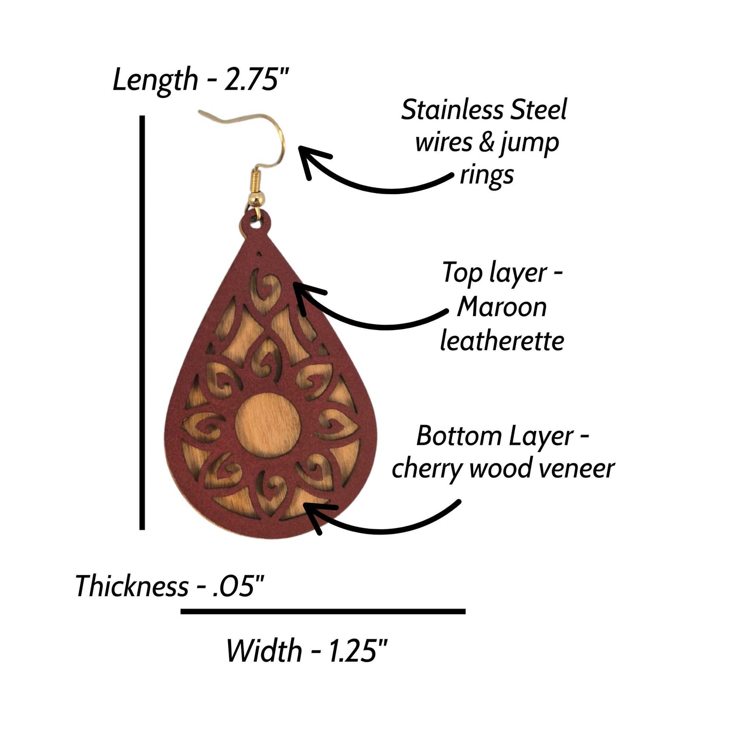 Mandala Maroon Leatherette and Cherry Wood Veneer Teardrop Earrings