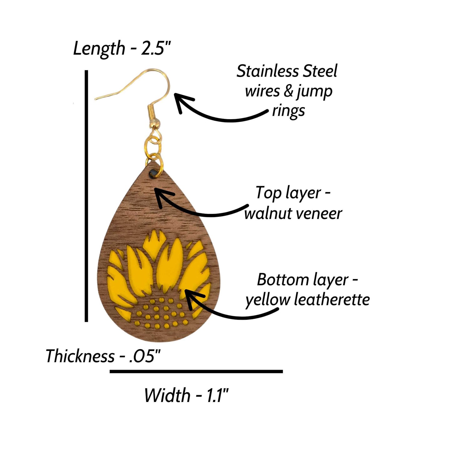Sunflower Wood Veneer & Yellow Leatherette Dangle Earrings - Detailed Partial Front View