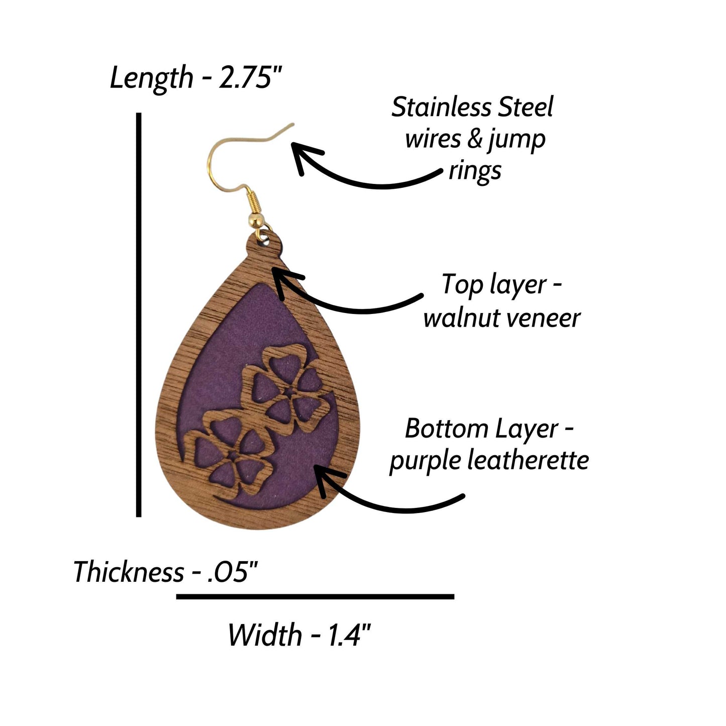 Wood Veneer & Purple Leatherette Floral Teardrop Earrings