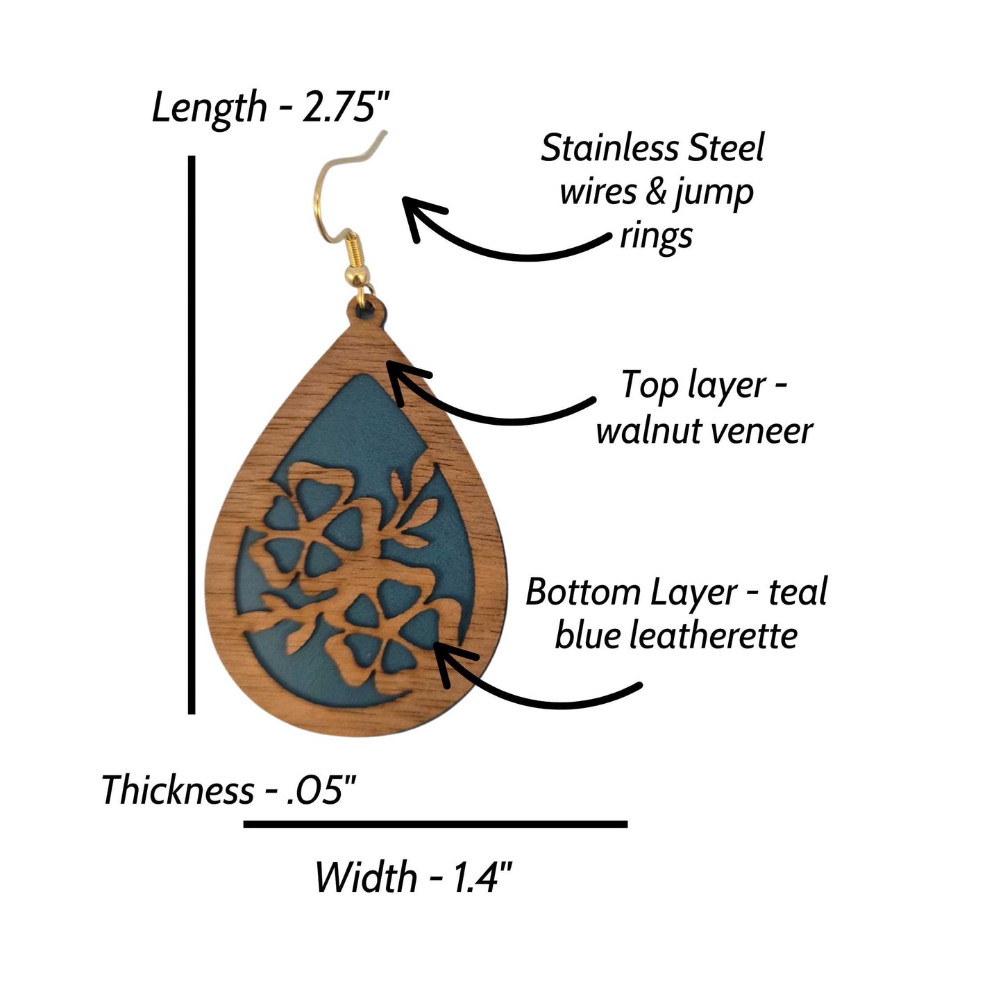 Wood Veneer & Blue Leatherette Floral Teardrop Earrings
