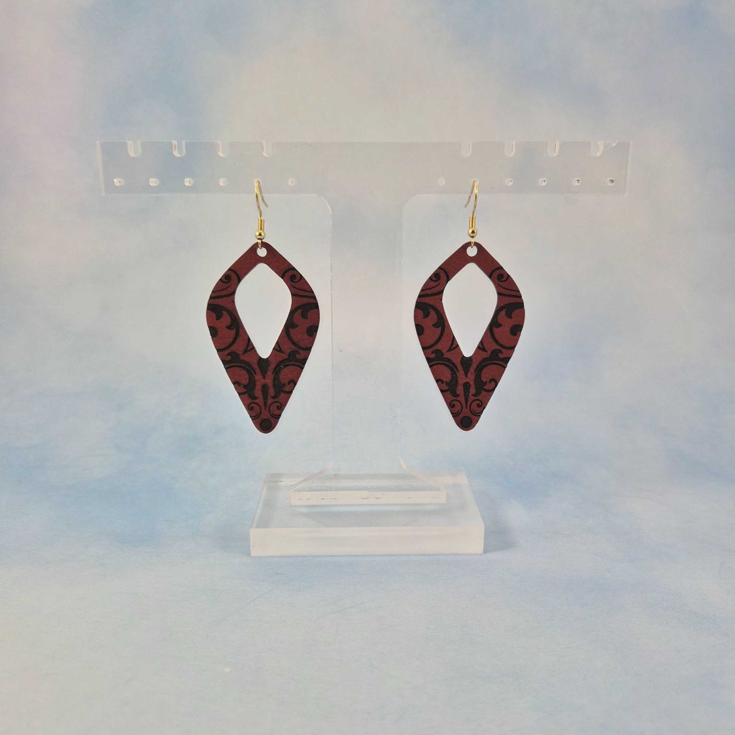 Maroon and Black Leatherette Dangle Earrings