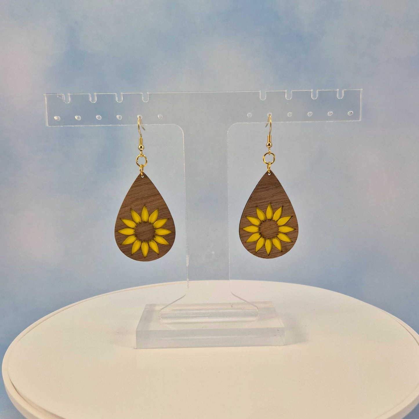 Sunflower Wood Veneer & Yellow Leatherette Dangle Earrings - Simple Front View