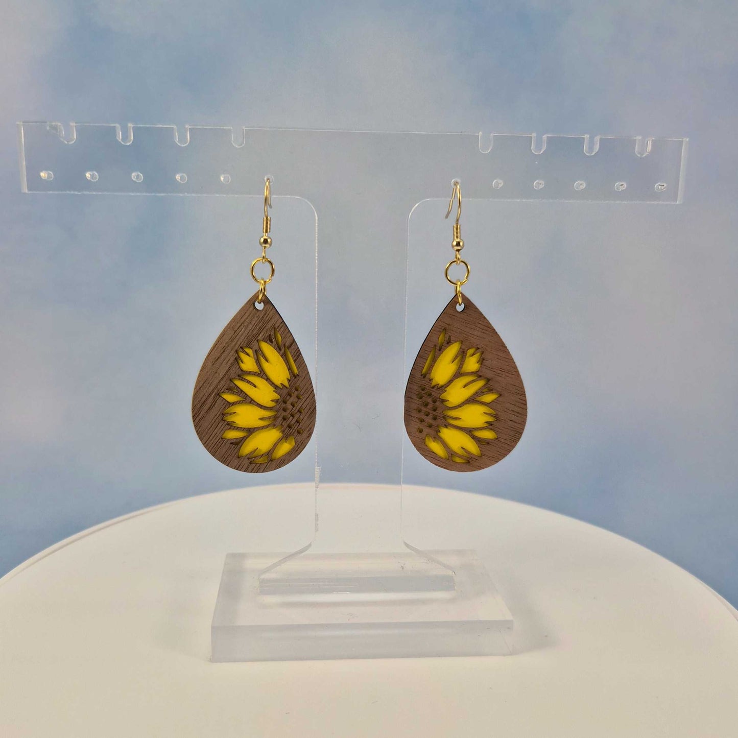 Sunflower Wood Veneer & Yellow Leatherette Dangle Earrings - Detailed Side View