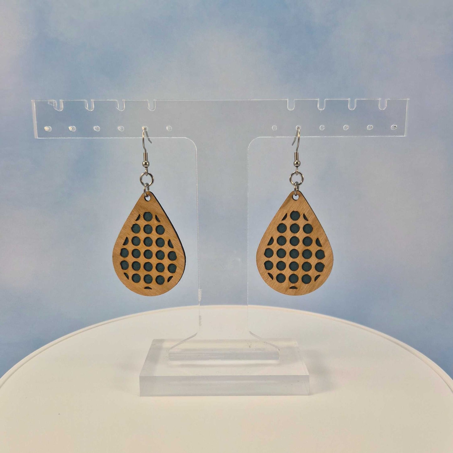 Geometric Wood Veneer & Blue Leatherette Earrings - Circle Design
