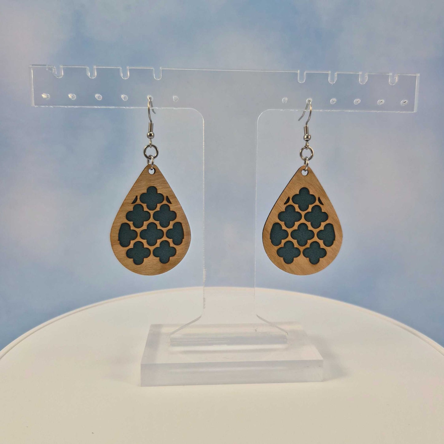 Geometric Wood Veneer & Blue Leatherette Earrings - Club Design
