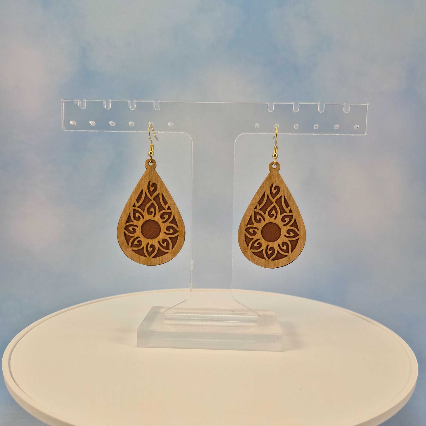Mandala Cherry Wood Veneer and Brown Leatherette Teardrop Earrings