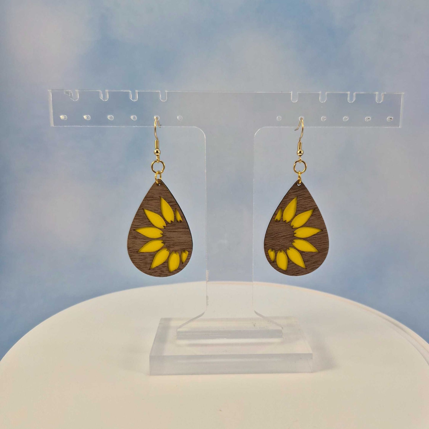 Sunflower Wood Veneer & Yellow Leatherette Dangle Earrings - Side View