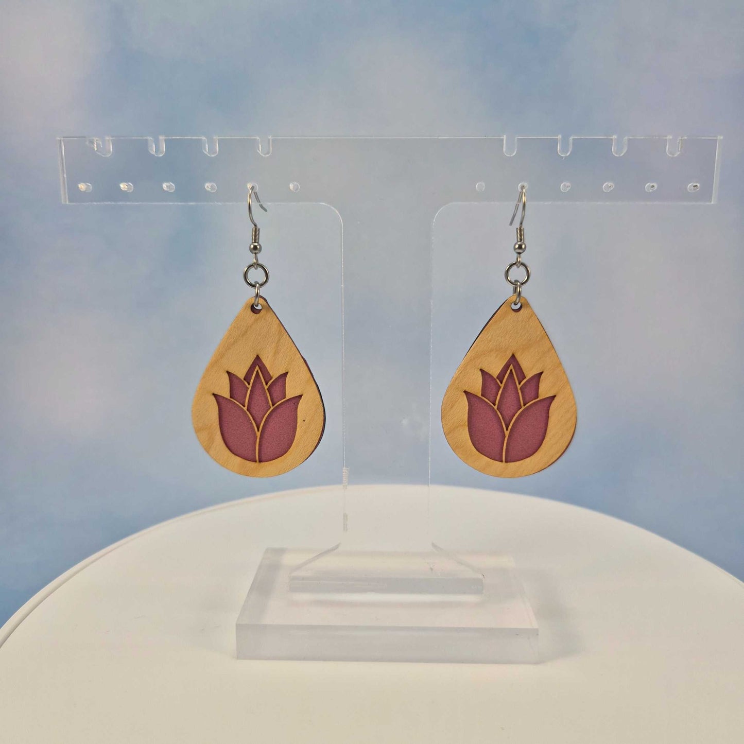 Lotus Flower Maple Wood Veneer & Pink Leatherette Earrings