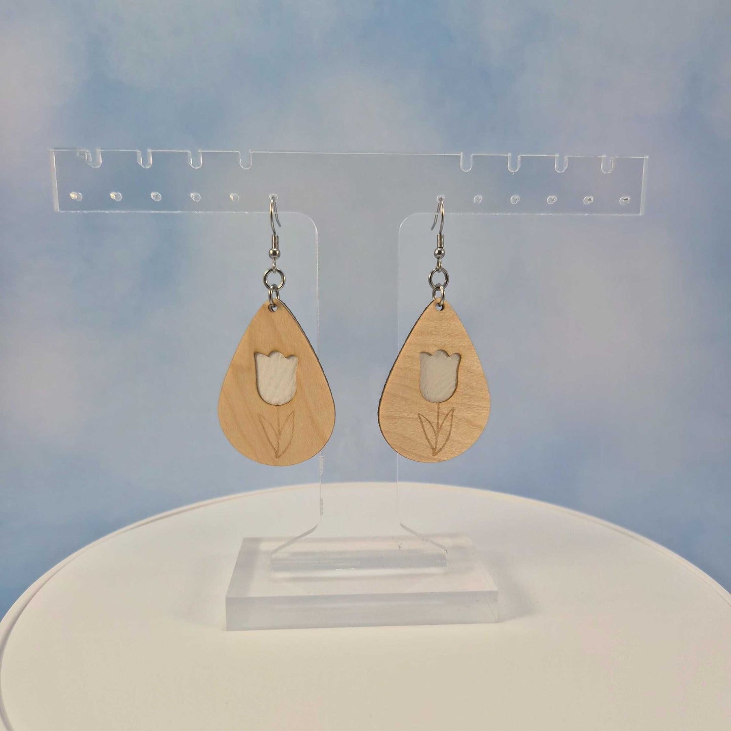 Tulip Flower Maple Wood Veneer & White Leatherette Earrings