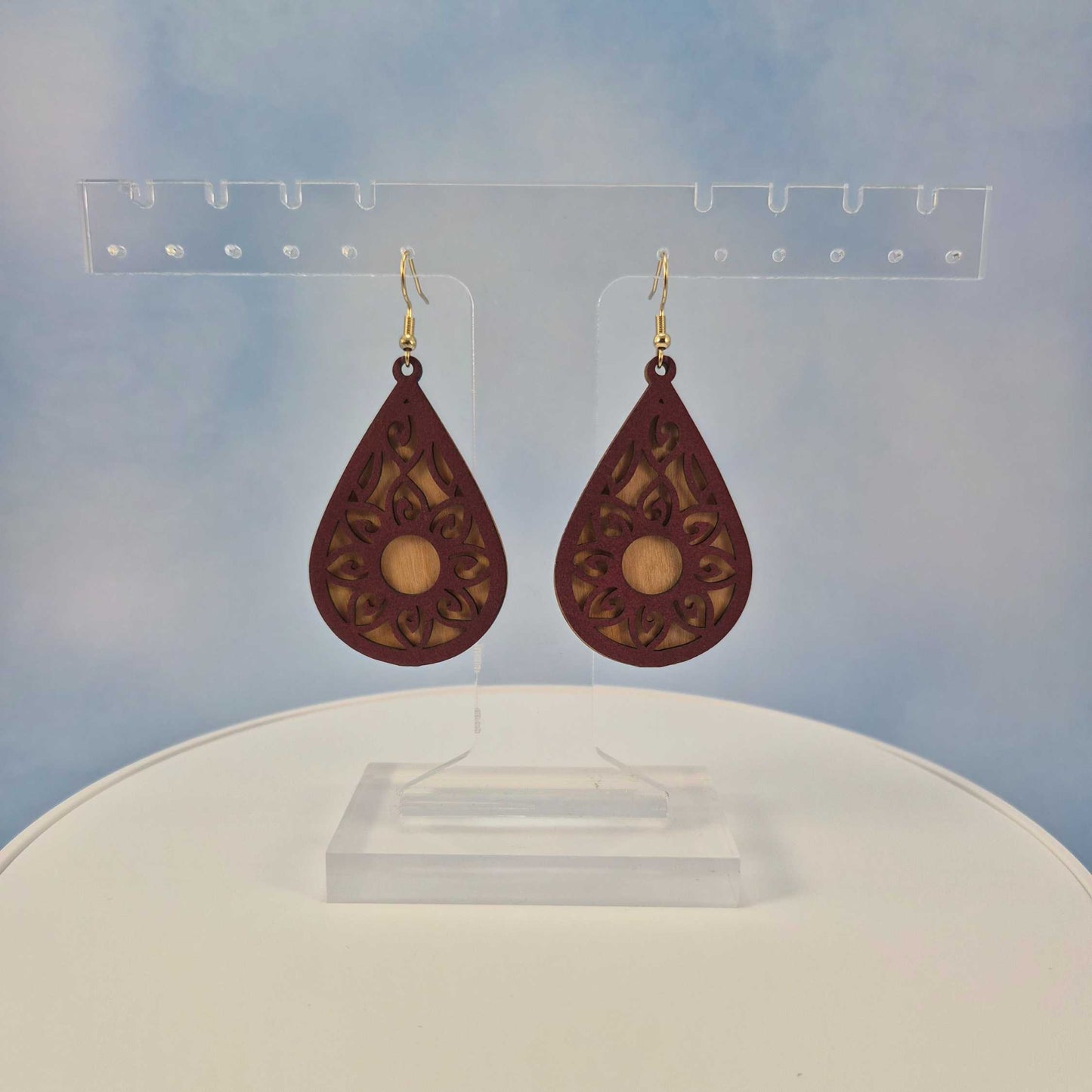 Mandala Dark Brown Leatherette Cherry Wood Veneer Teardrop Earrings