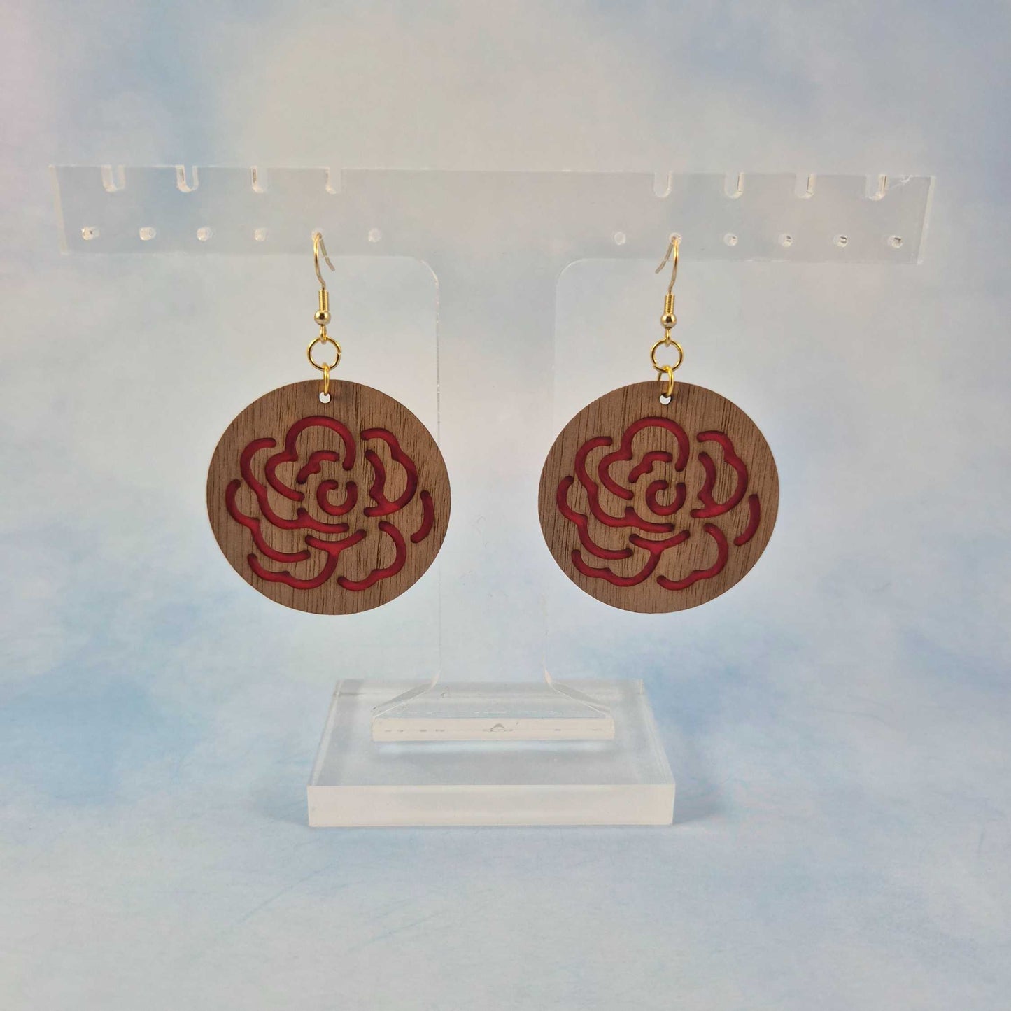 Minimalist Wood Veneer & Red Leatherette Round Earrings