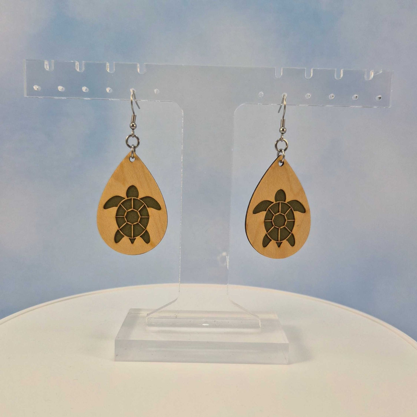 Sea Turtle Top View Maple Wood Veneer & Olive Green Leatherette Earrings
