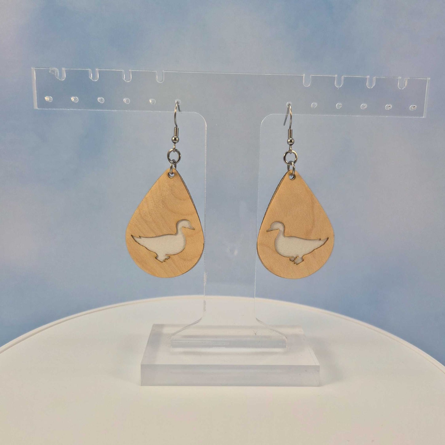 Duck Maple Wood Veneer & White Leatherette Earrings