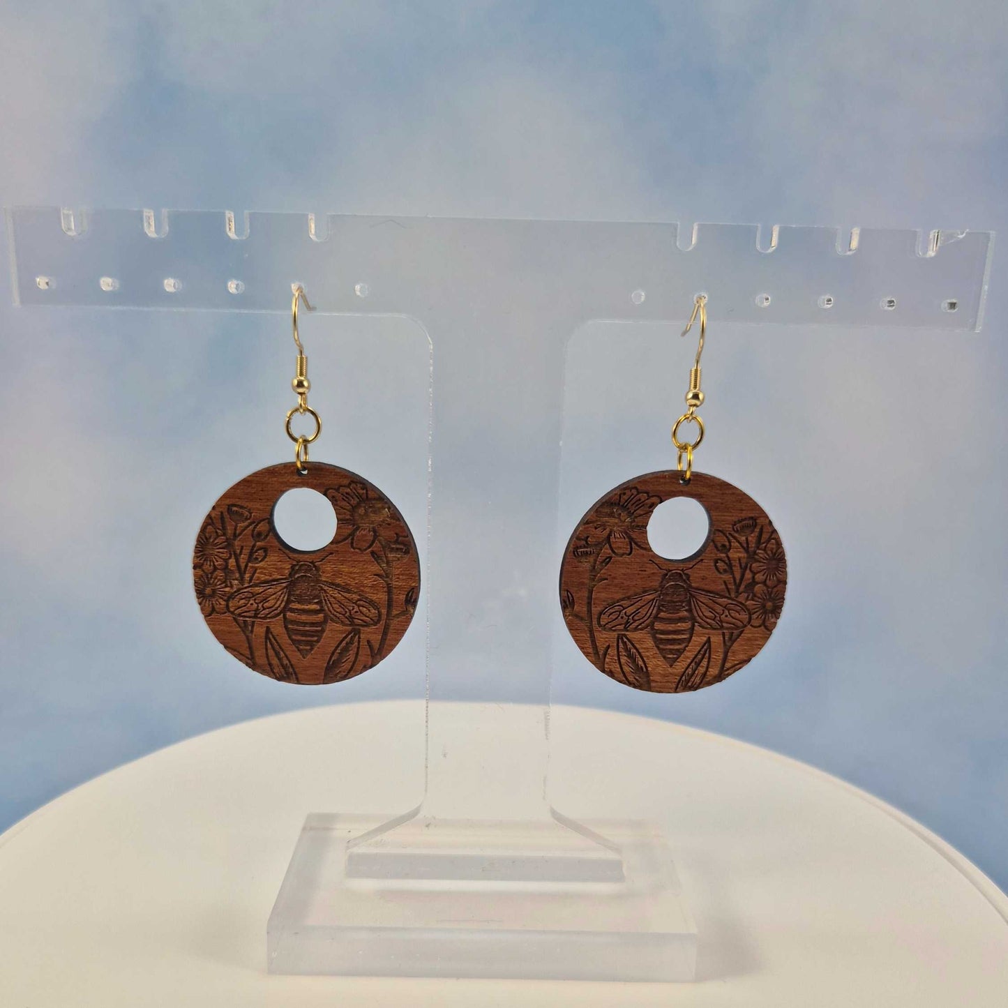 Bee and Floral Engraved Round Wood Earrings With Circle Cutout