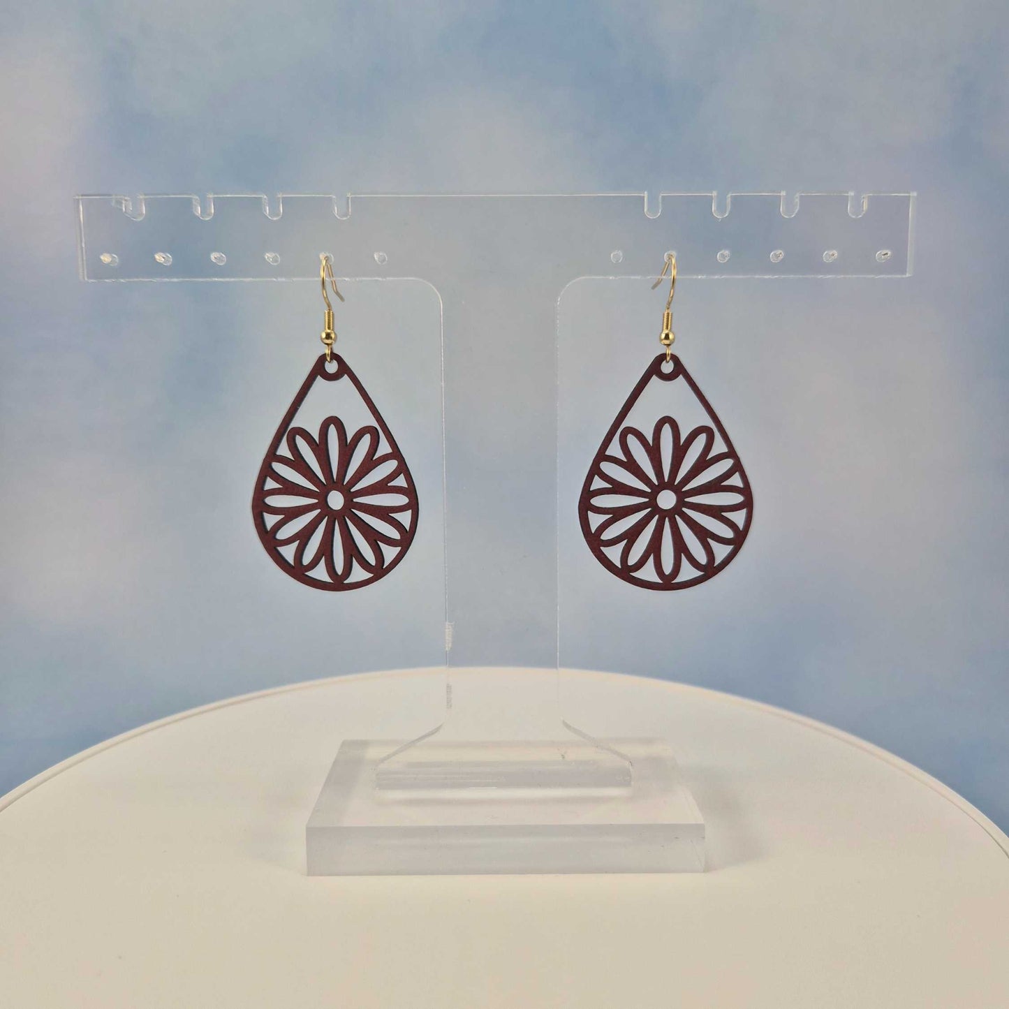 Maroon Daisy Flower Leatherette Teardrop Earrings