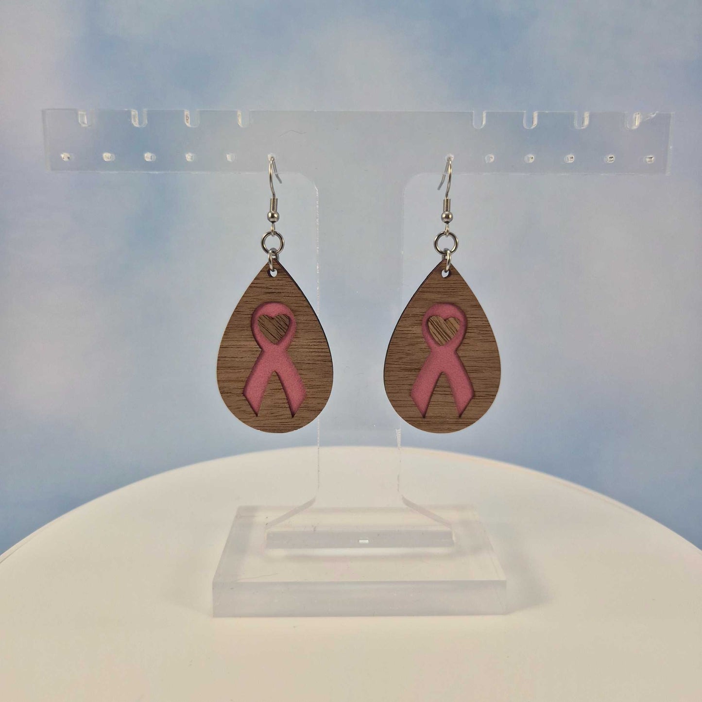 Breast Cancer Survivor Walnut Wood Veneer & Pink Leatherette Earrings