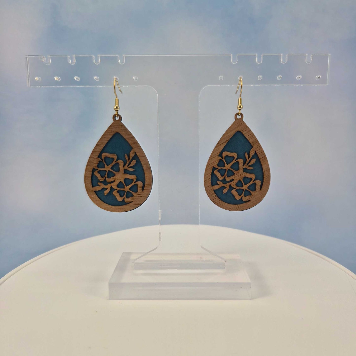 Wood Veneer & Blue Leatherette Floral Teardrop Earrings