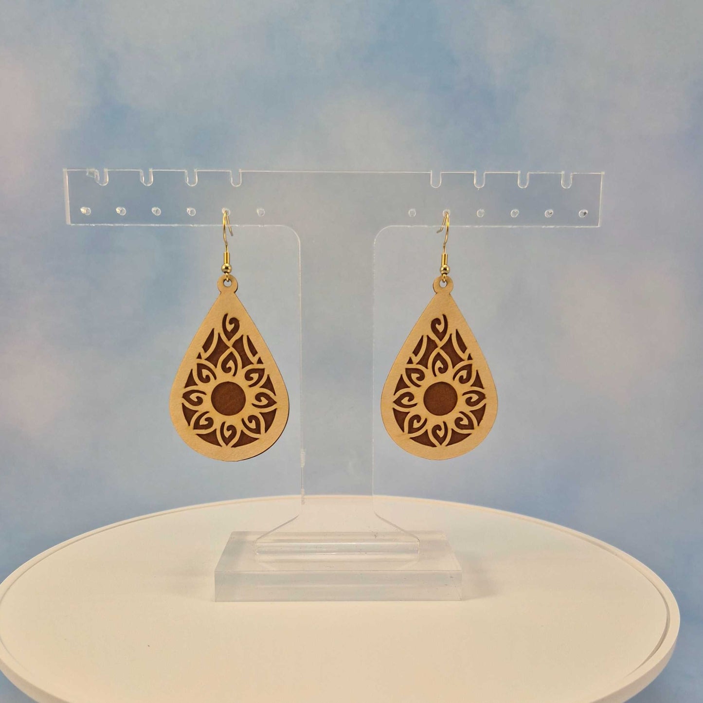 Mandala Maple Wood Veneer and Brown Leatherette Teardrop Earrings