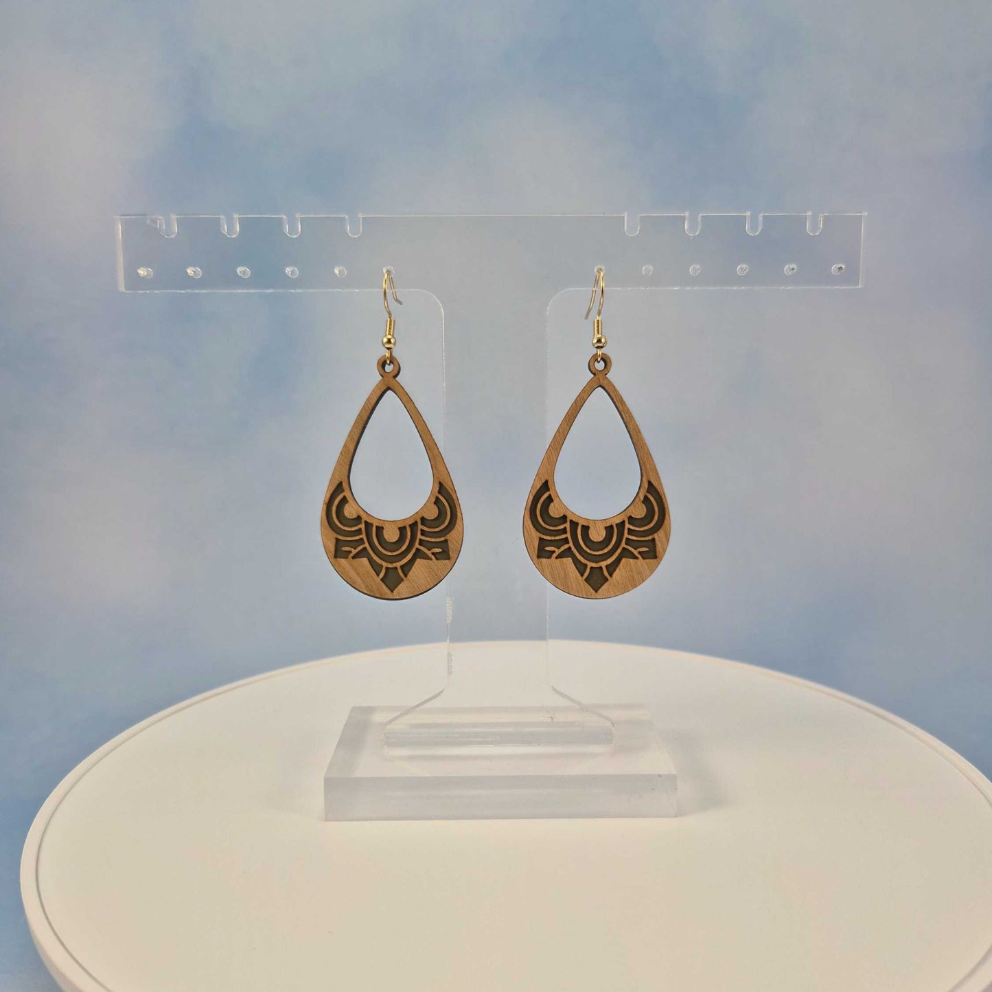 Mandala Cutout Light Wood Veneer & Olive Green Leatherette Earrings