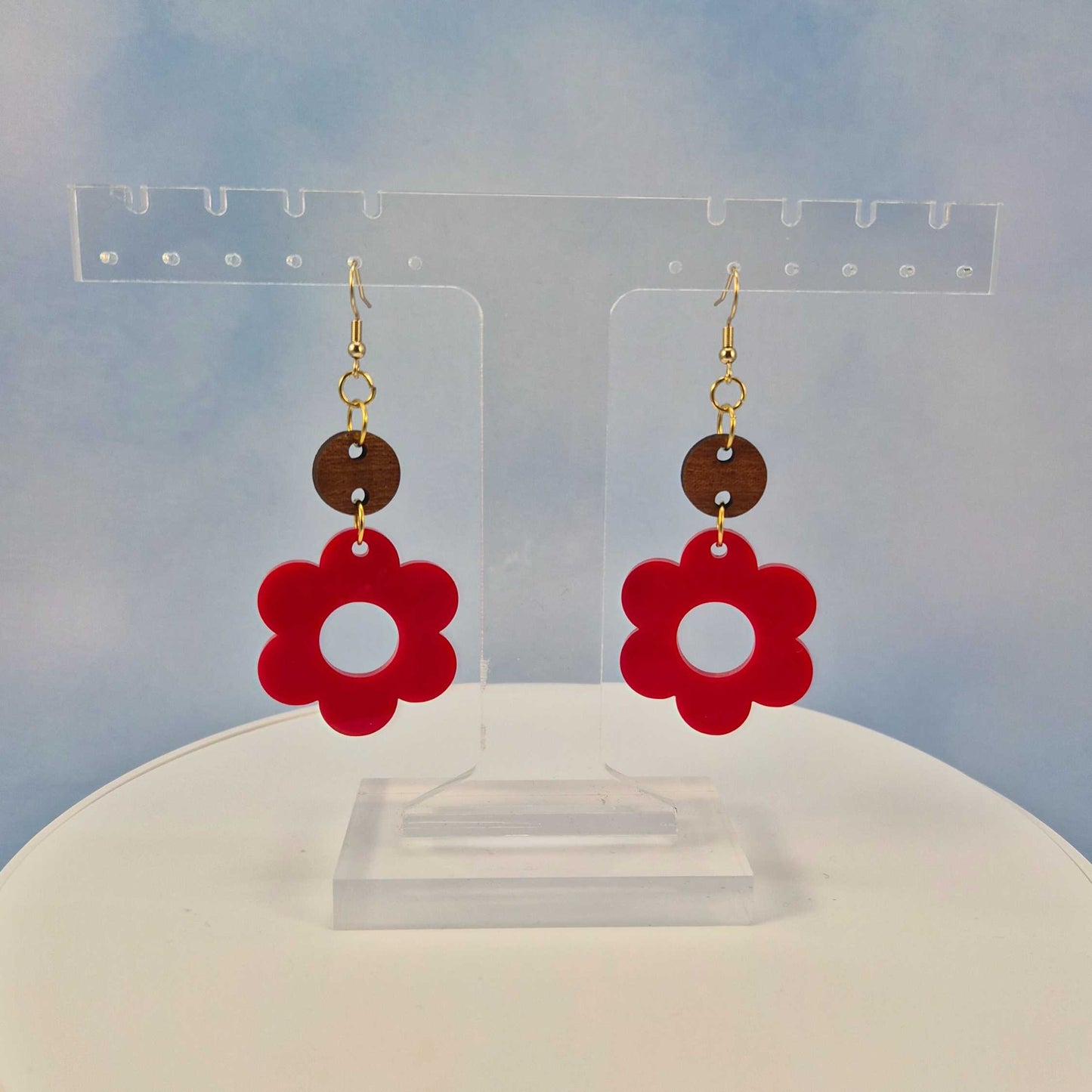 Wood & Acrylic Flower Dangle Earrings