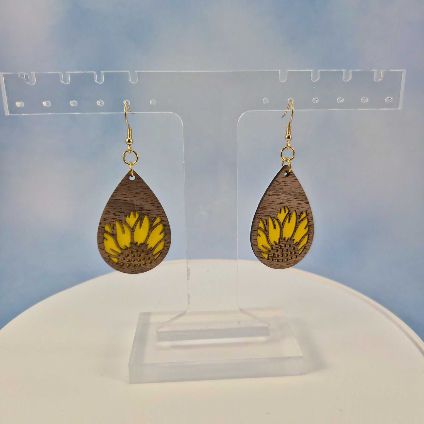 Sunflower Wood Veneer & Yellow Leatherette Dangle Earrings - Detailed Partial Front View