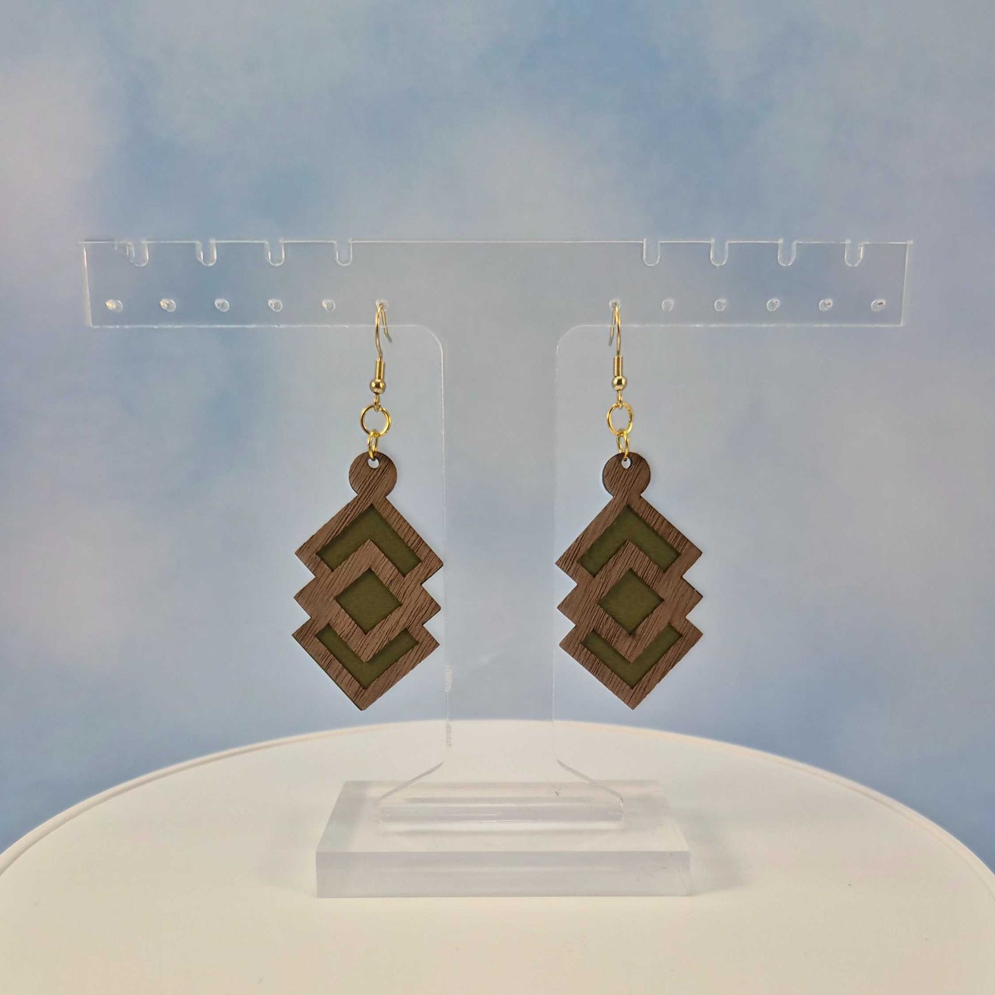 Geometric Wood Veneer & Olive Green Leatherette Earrings