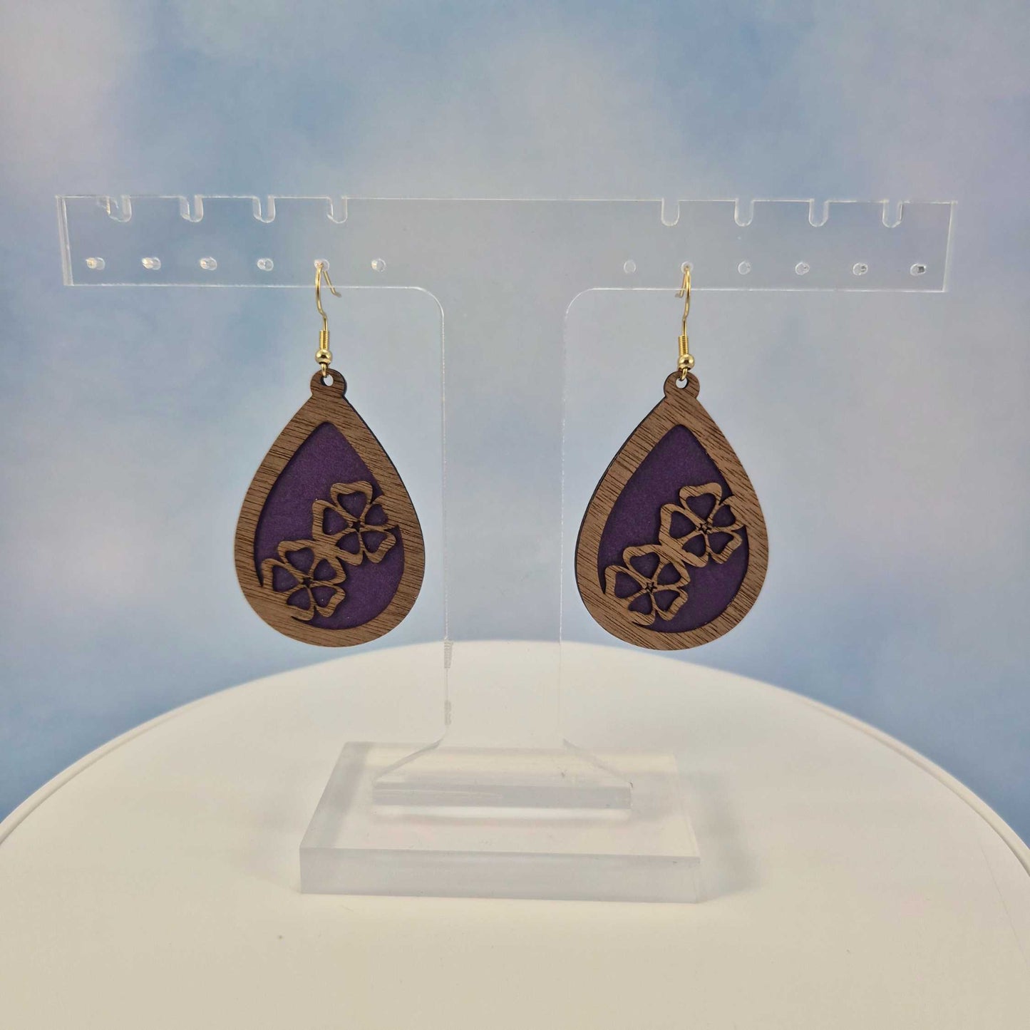 Wood Veneer & Purple Leatherette Floral Teardrop Earrings