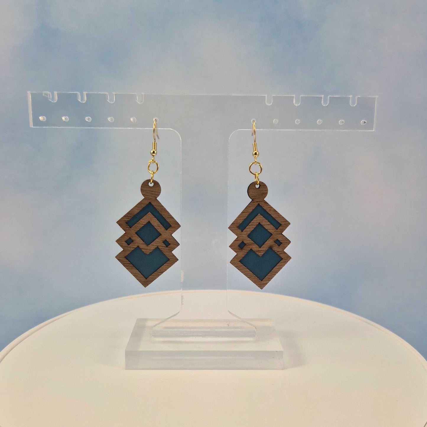 Geometric Walnut Wood Veneer & Blue Leatherette Earrings - 3 styles