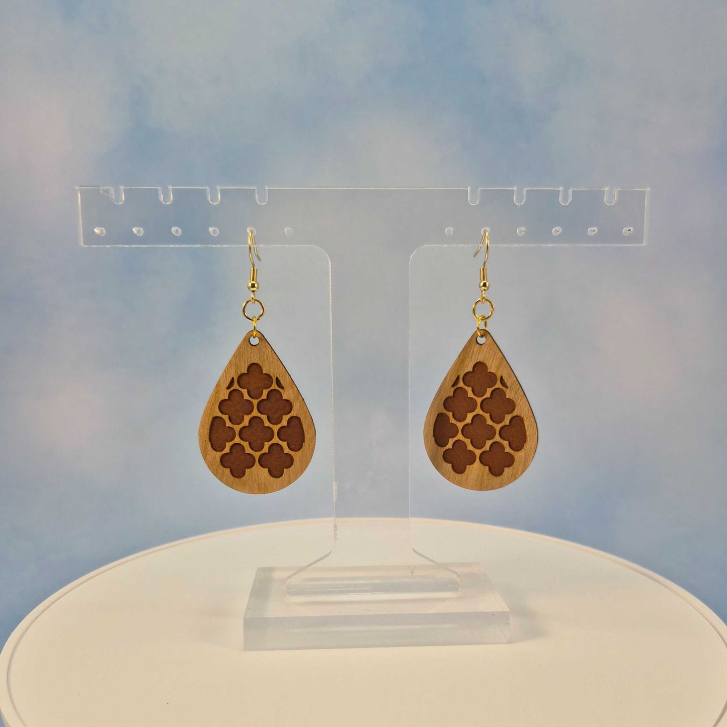 Geometric Cherry Wood Veneer & Brown Leatherette Earrings - Club Design